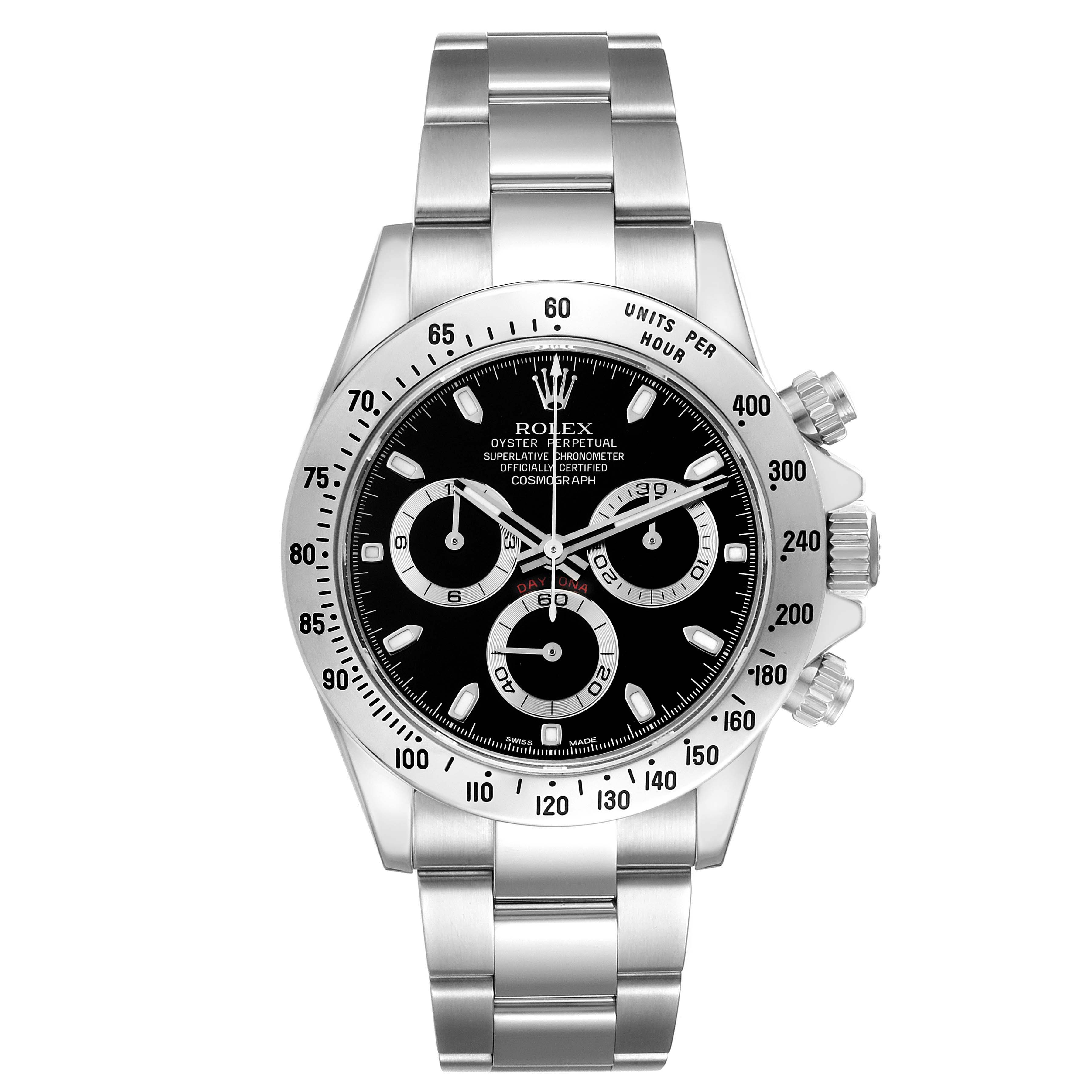 The image shows a front view of a Rolex Daytona 116520 Men's Stainless Steel Black Dial 116520 Men's Stainless Steel Black Dial model watch, highlighting its black dial, chronograph sub-dials, and stainless steel bracelet.