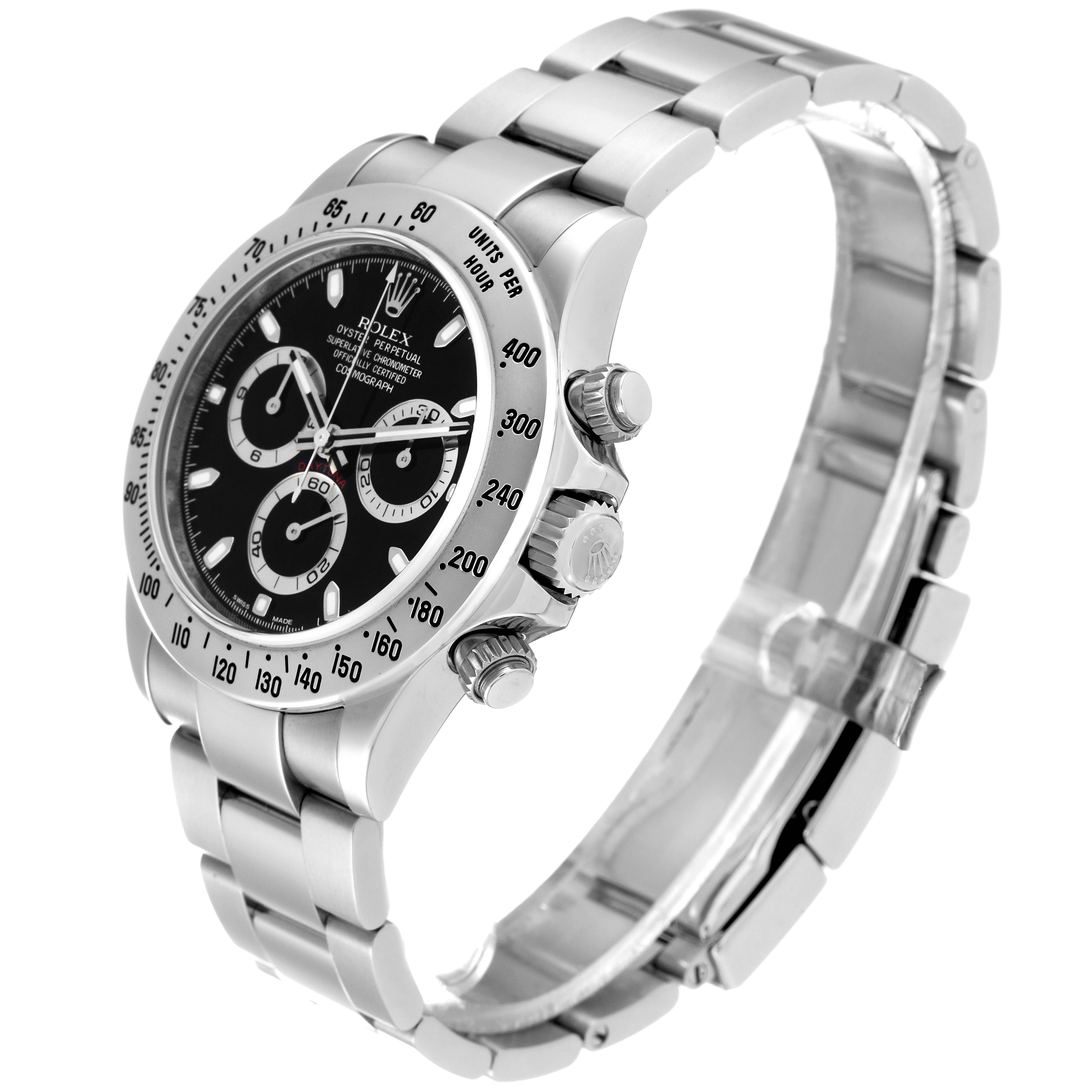 The Rolex Daytona 116520 Men's Stainless Steel Black Dial 116520 Men's Stainless Steel Black Dial watch is shown at a slight side angle, displaying its black dial, stainless steel bracelet, and chronograph buttons.