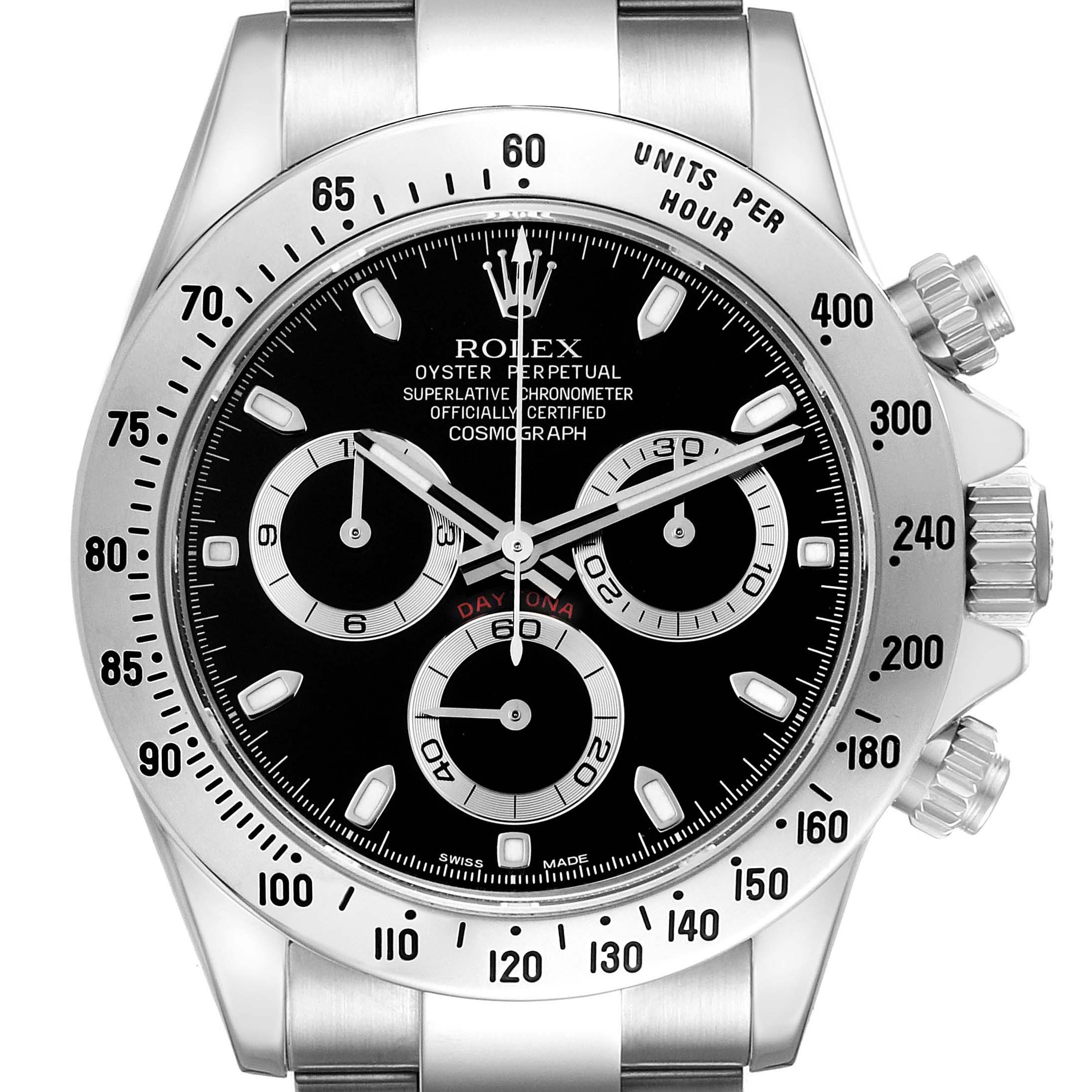 This is a front view of a Rolex Daytona 116520 Men's Stainless Steel Black Dial 116520 Men's Stainless Steel Black Dial watch, showcasing its black dial, three subdials, and bezel with tachymeter scale.