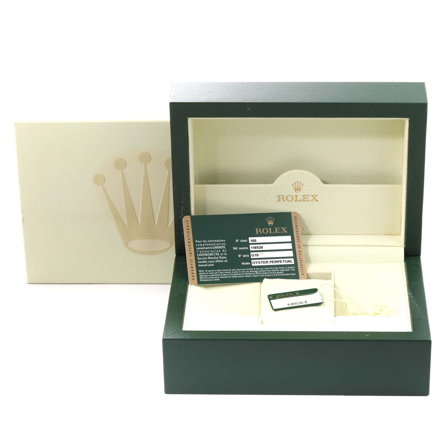 This image shows the packaging and authentication cards for a Rolex Daytona 116520 Men's Stainless Steel Black Dial 116520 Men's Stainless Steel Black Dial watch.