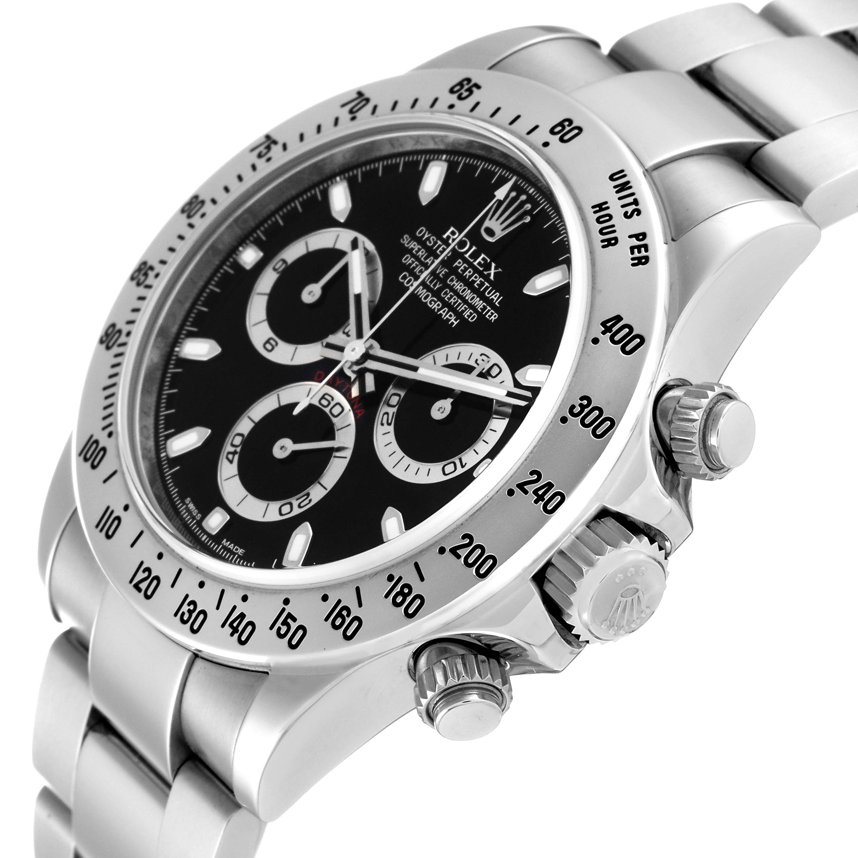 The image shows a close-up angle of the dial, bezel, and crown of a Rolex Daytona 116520 Men's Stainless Steel Black Dial 116520 Men's Stainless Steel Black Dial watch.