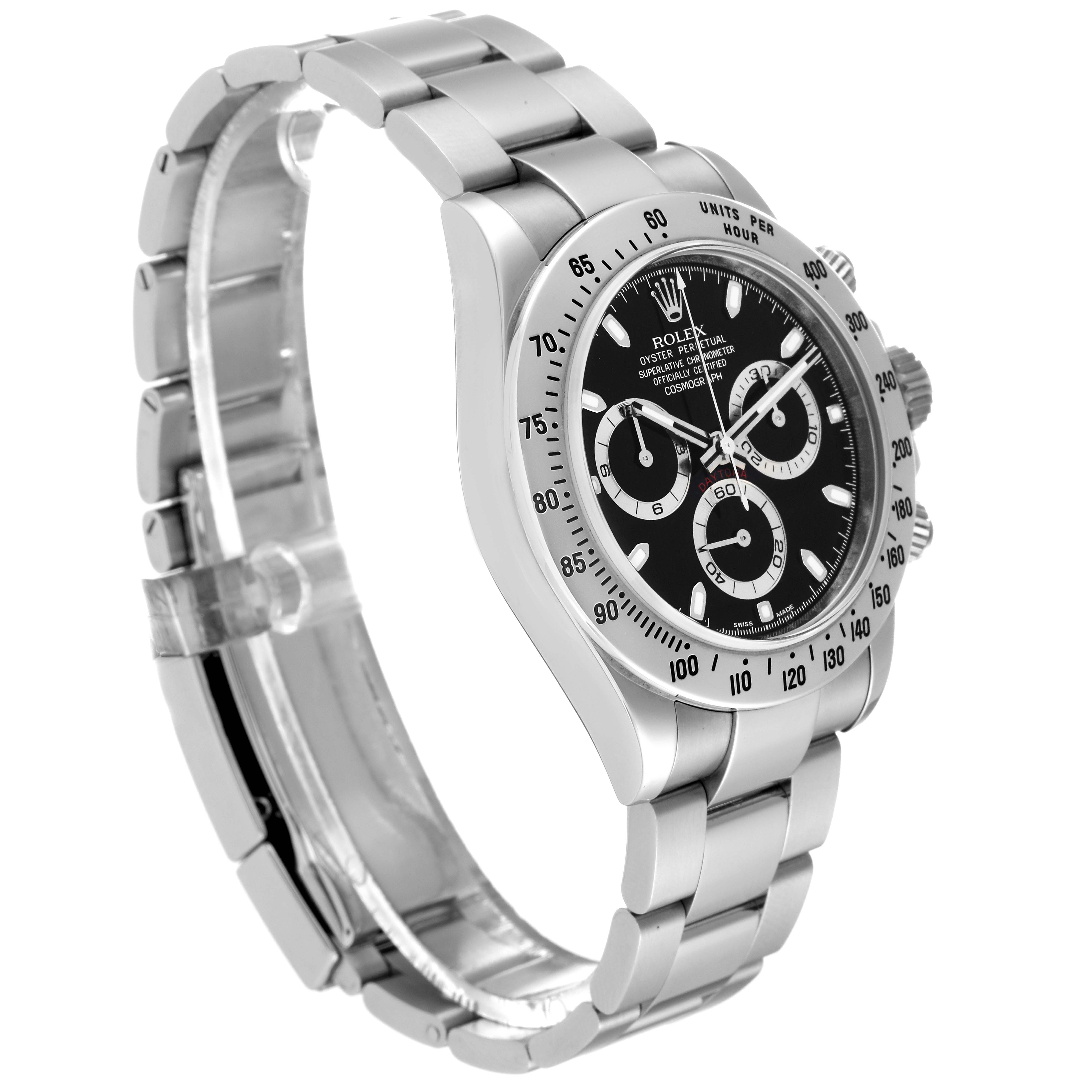The image shows a side angle of the Rolex Daytona 116520 Men's Stainless Steel Black Dial 116520 Men's Stainless Steel Black Dial watch, highlighting its band, bezel, and chronograph dials.