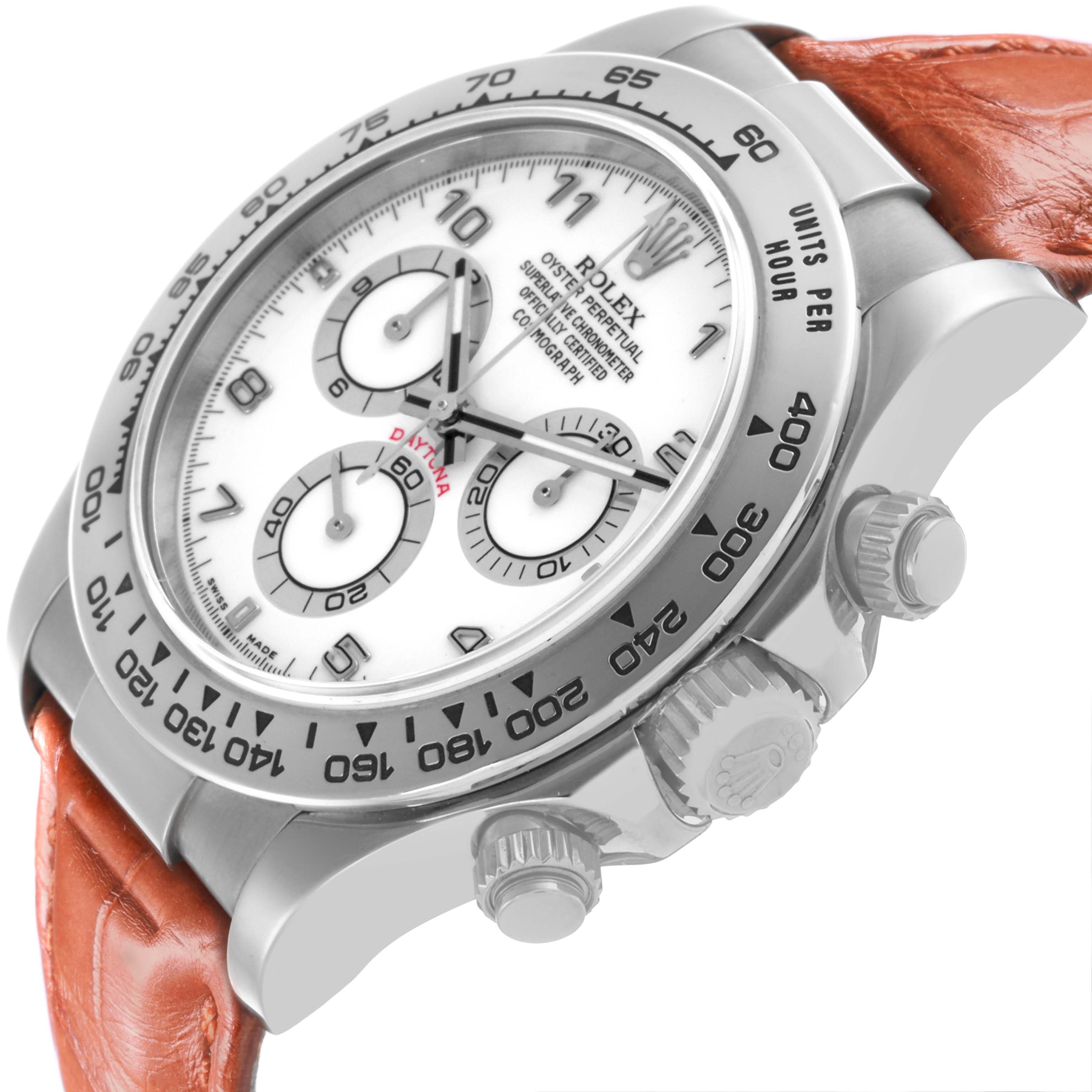 The Rolex Daytona 116519 Men's White Gold White Dial 116519 Men's White Gold White Dial watch is shown at a side angle displaying the dial, bezel, pushers, and crown with a brown leather strap.