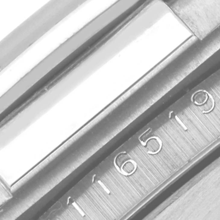 The image shows a close-up of the bracelet links and part of the clasp of a Rolex Daytona 116519 Men's White Gold White Dial 116519 Men's White Gold White Dial.