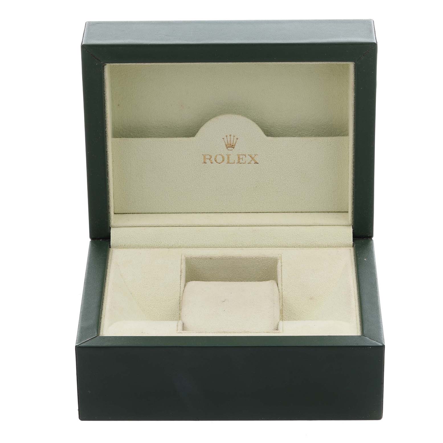 This image shows an open green and beige Rolex Daytona 116519 Men's White Gold White Dial 116519 Men's White Gold White Dial watch box, viewed from the front.