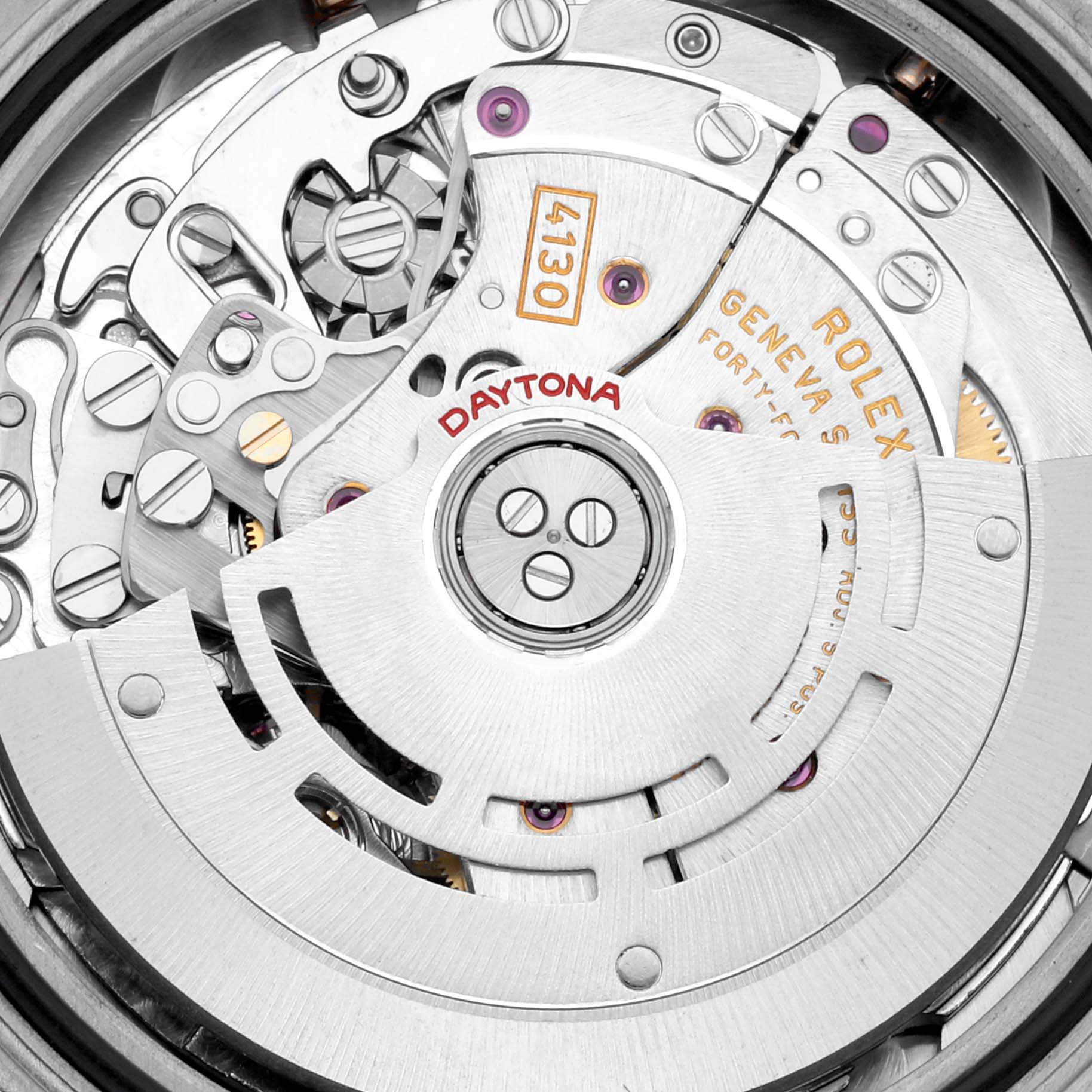 The image shows the Rolex Daytona 116519 Men's White Gold White Dial 116519 Men's White Gold White Dial's movement mechanism from a top-down angle, highlighting the rotor and internal components.