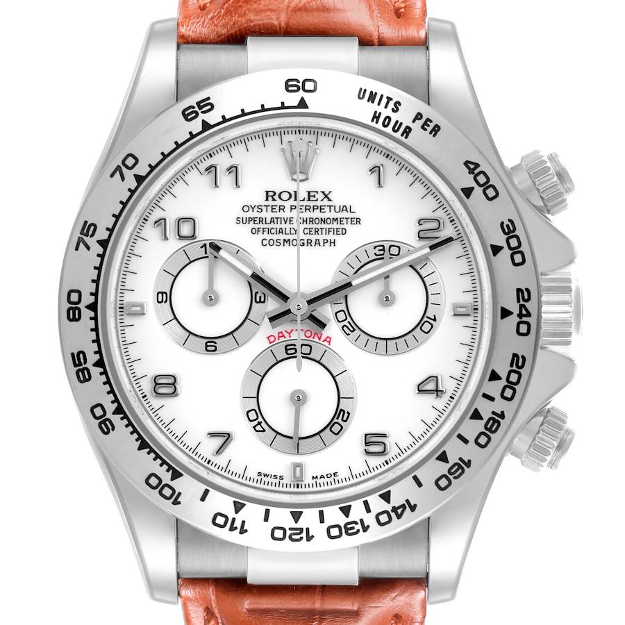 The image shows a front view of a Rolex Daytona watch, highlighting the white dial, subdials, and tachymetric bezel.