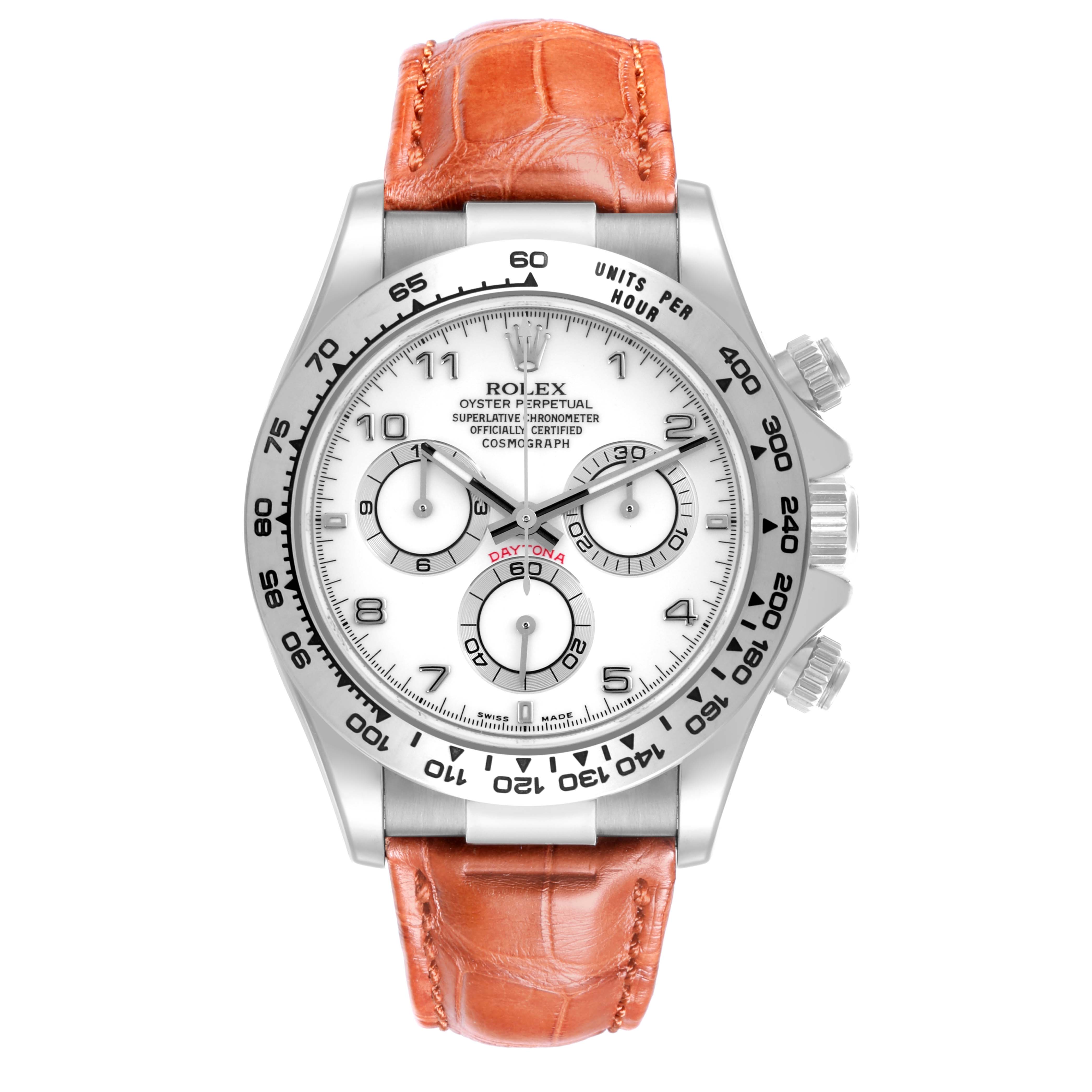 The Rolex Daytona 116519 Men's White Gold White Dial 116519 Men's White Gold White Dial watch is shown from a top view, highlighting the face, bezel, and leather strap.