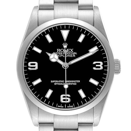 The Rolex Explorer 114270 Men's Stainless Steel Black Dial watch is shown from a front angle, displaying the dial, hands, and part of the bracelet.