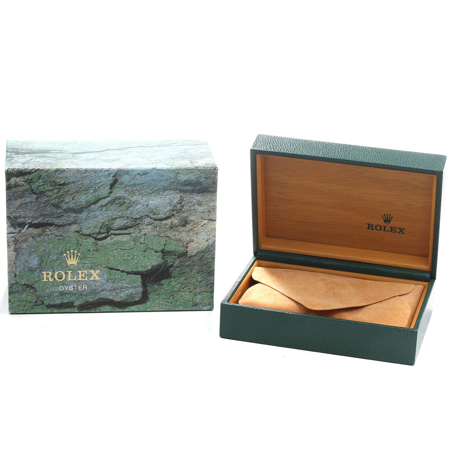 The image shows a Rolex Explorer 114270 Men's Stainless Steel Black Dial's packaging with a green textured outer box and an open inner box with a suede-like interior.