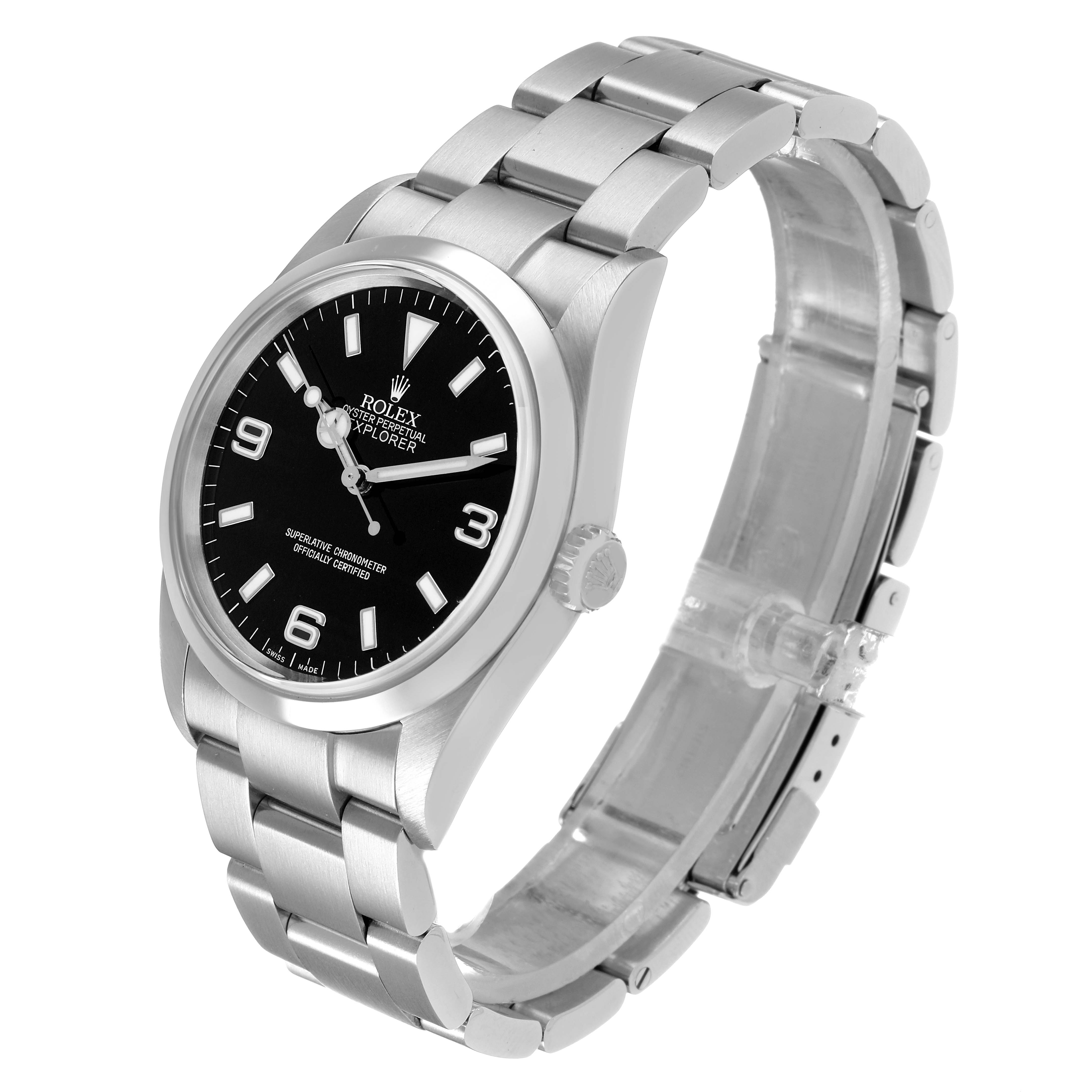 The Rolex Explorer 114270 Men's Stainless Steel Black Dial watch is shown at a three-quarter angle, highlighting its bracelet, black dial, and crown.