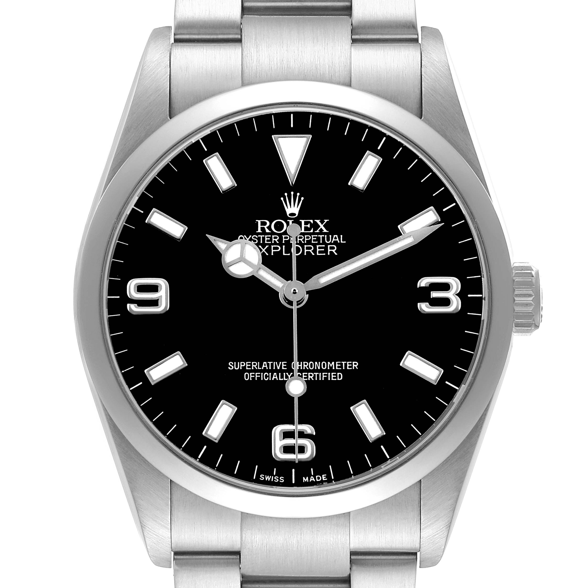 The Rolex Explorer 114270 Men's Stainless Steel Black Dial watch is shown from a straight-on angle, displaying the face, bezel, and part of the bracelet.