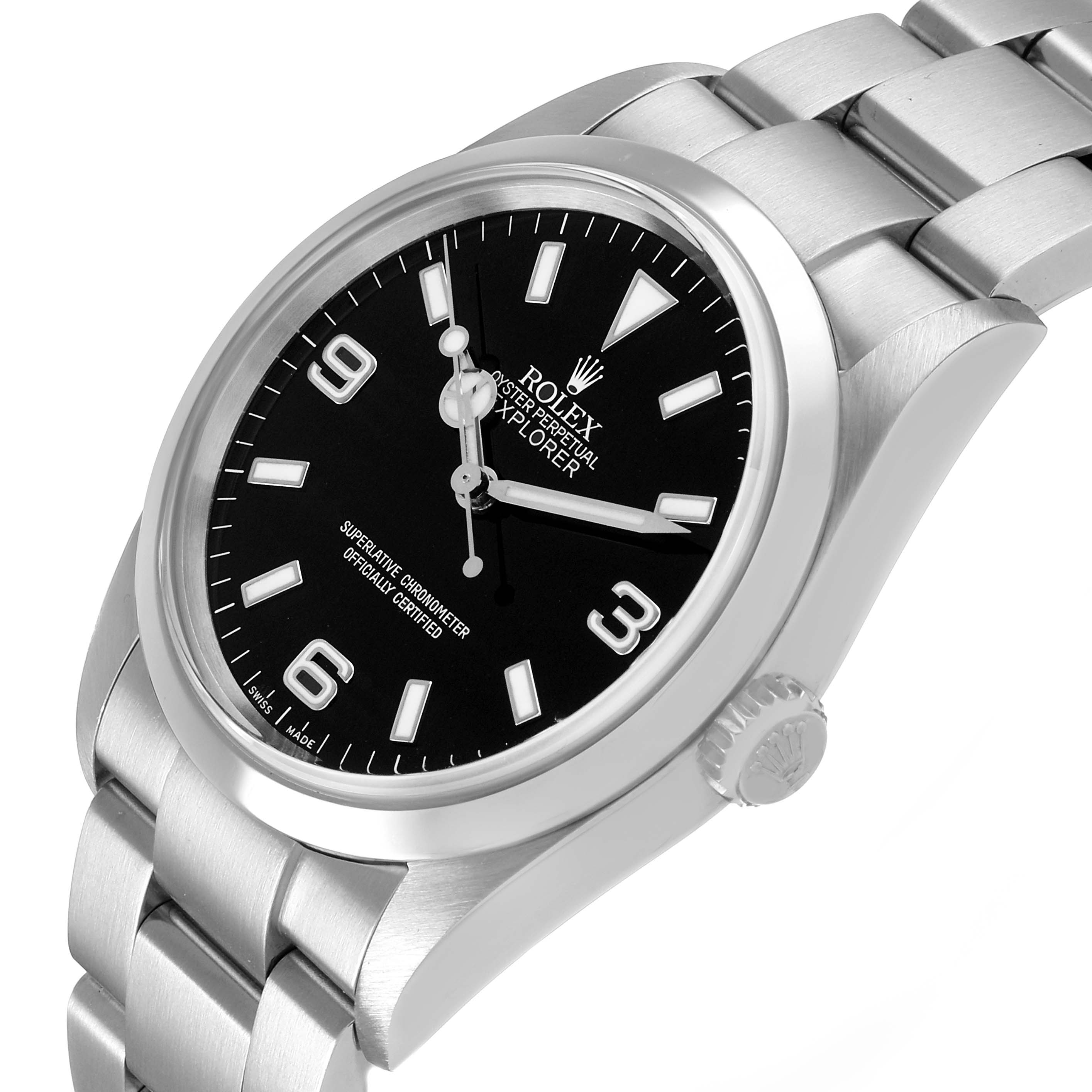 The Rolex Explorer 114270 Men's Stainless Steel Black Dial watch is shown at a slight angle, displaying the dial, bezel, crown, and bracelet.