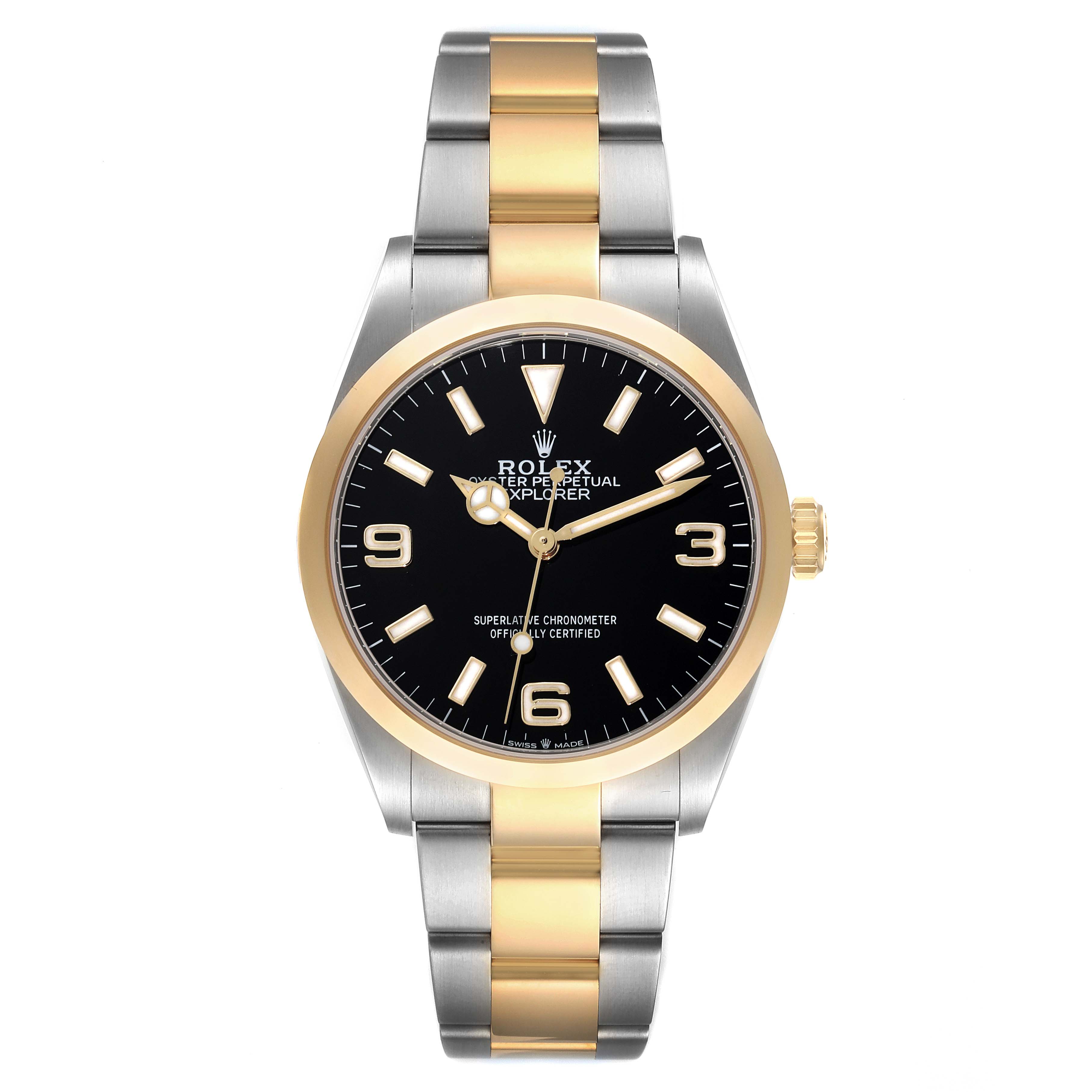 This Rolex Explorer 124273 Men
s Steel and Gold (two tone) Black Dial 124273 Men
s Steel and Gold (two tone) Black Dial watch is shown from the front, highlighting the dial, bezel, and two-tone bracelet.