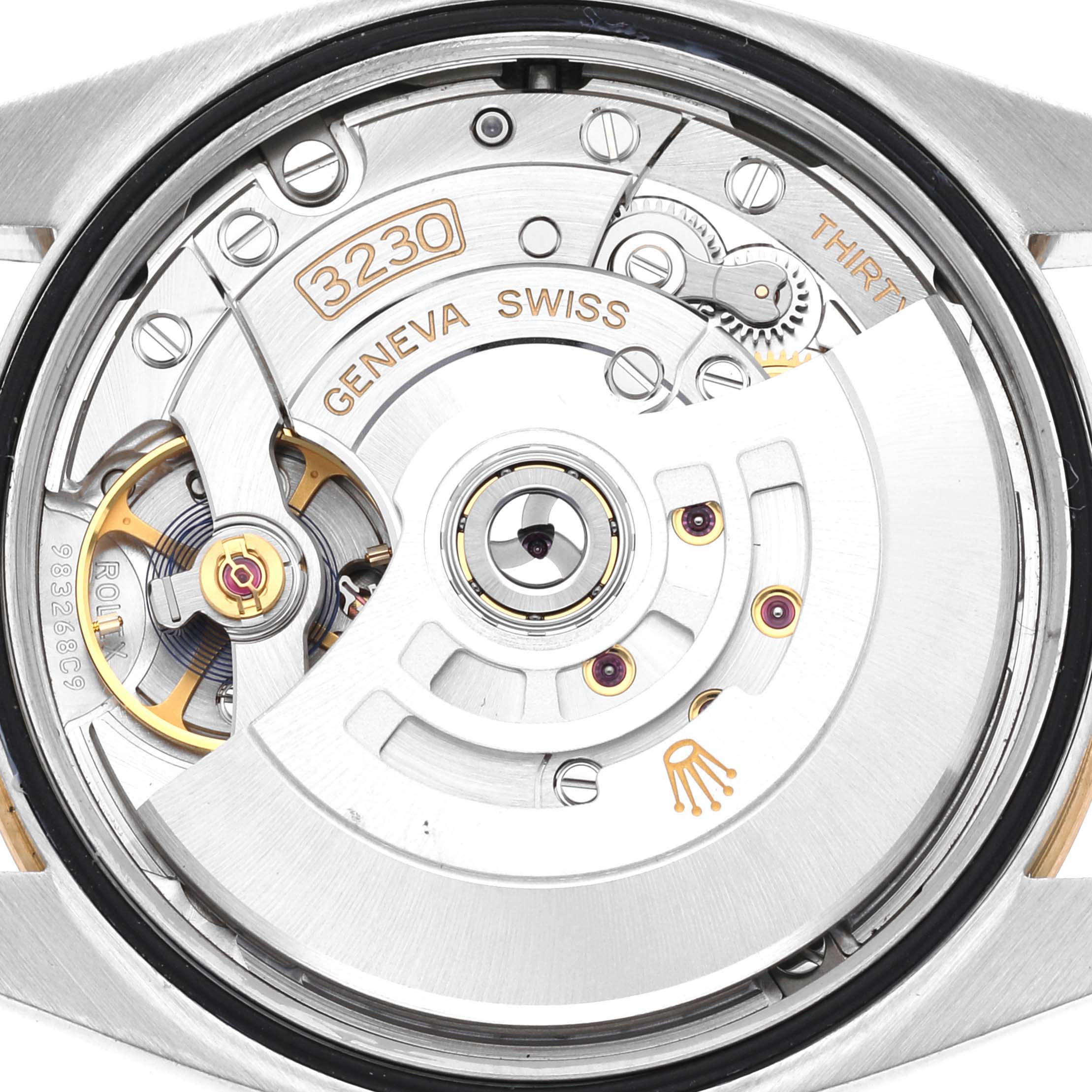 This image shows the internal mechanism view of the Rolex Explorer 124273 Men
s Steel and Gold (two tone) Black Dial 124273 Men
s Steel and Gold (two tone) Black Dial watch model 3230 movement.