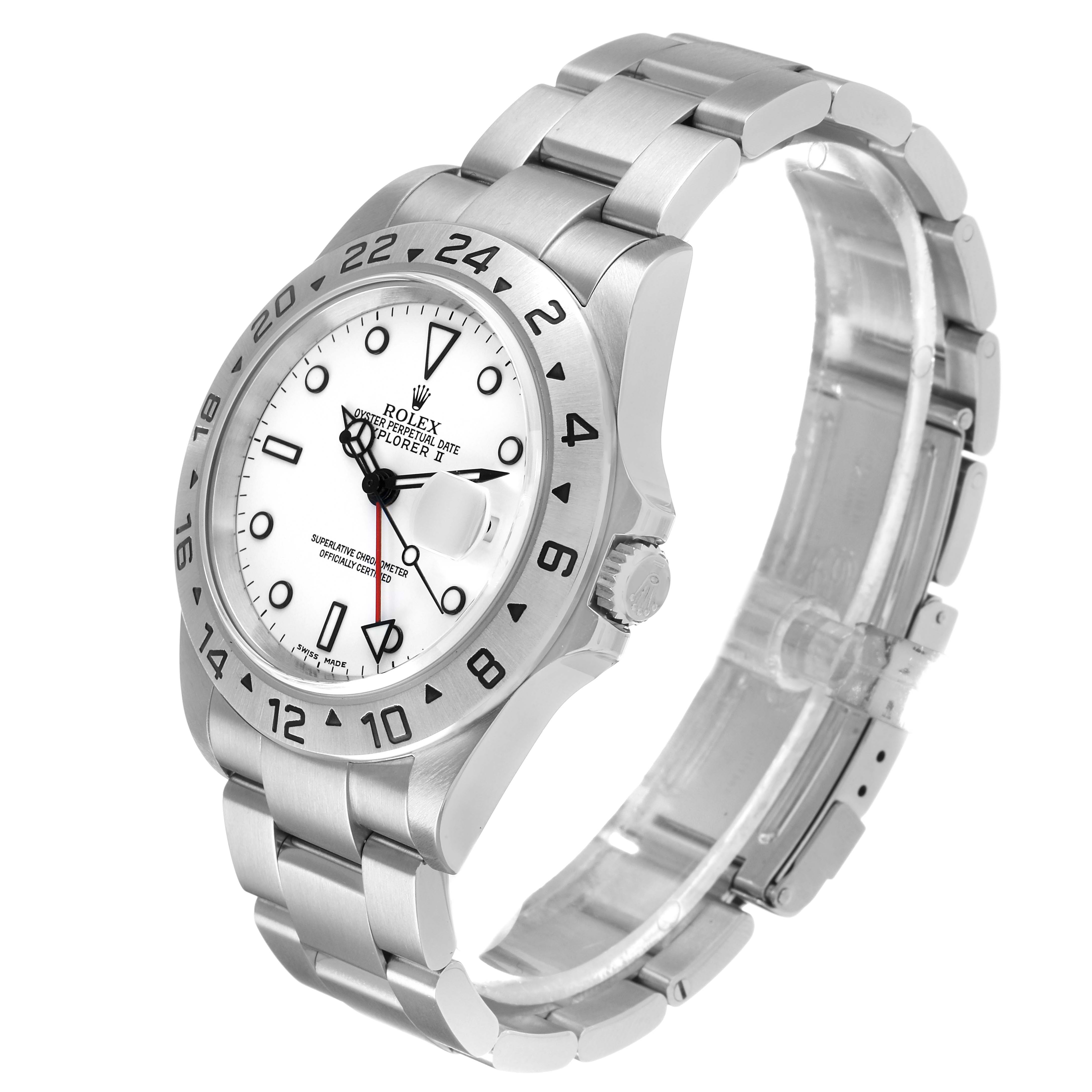 The Rolex Explorer 16570 Men's Stainless Steel White Dial watch is shown at a three-quarter angle, displaying the face, bezel, crown, and bracelet.