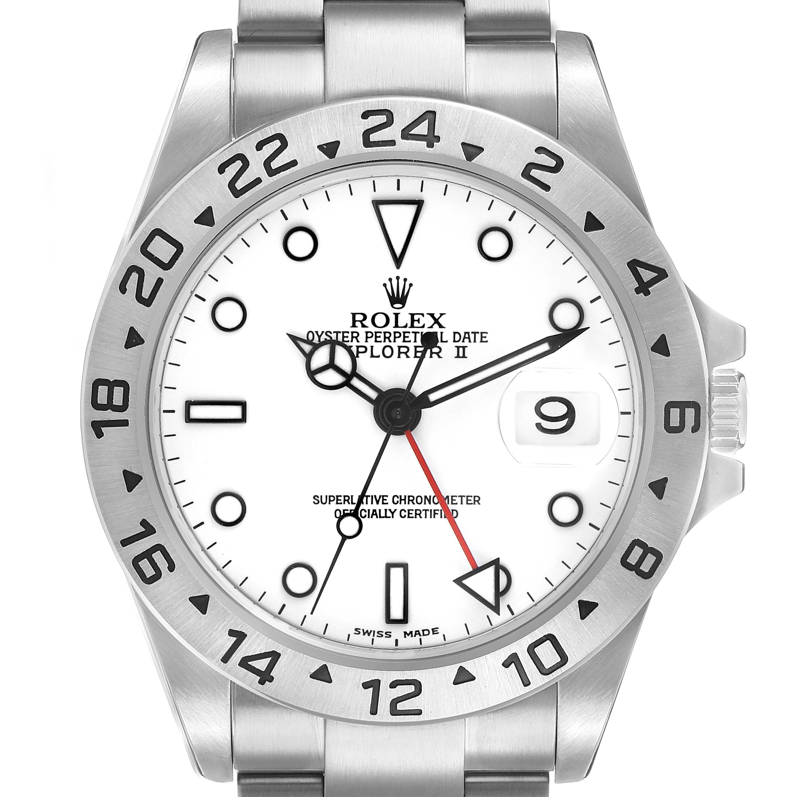 The Rolex Explorer 16570 Men's Stainless Steel White Dial watch is shown from the front, displaying the dial, bezel, and part of the bracelet.