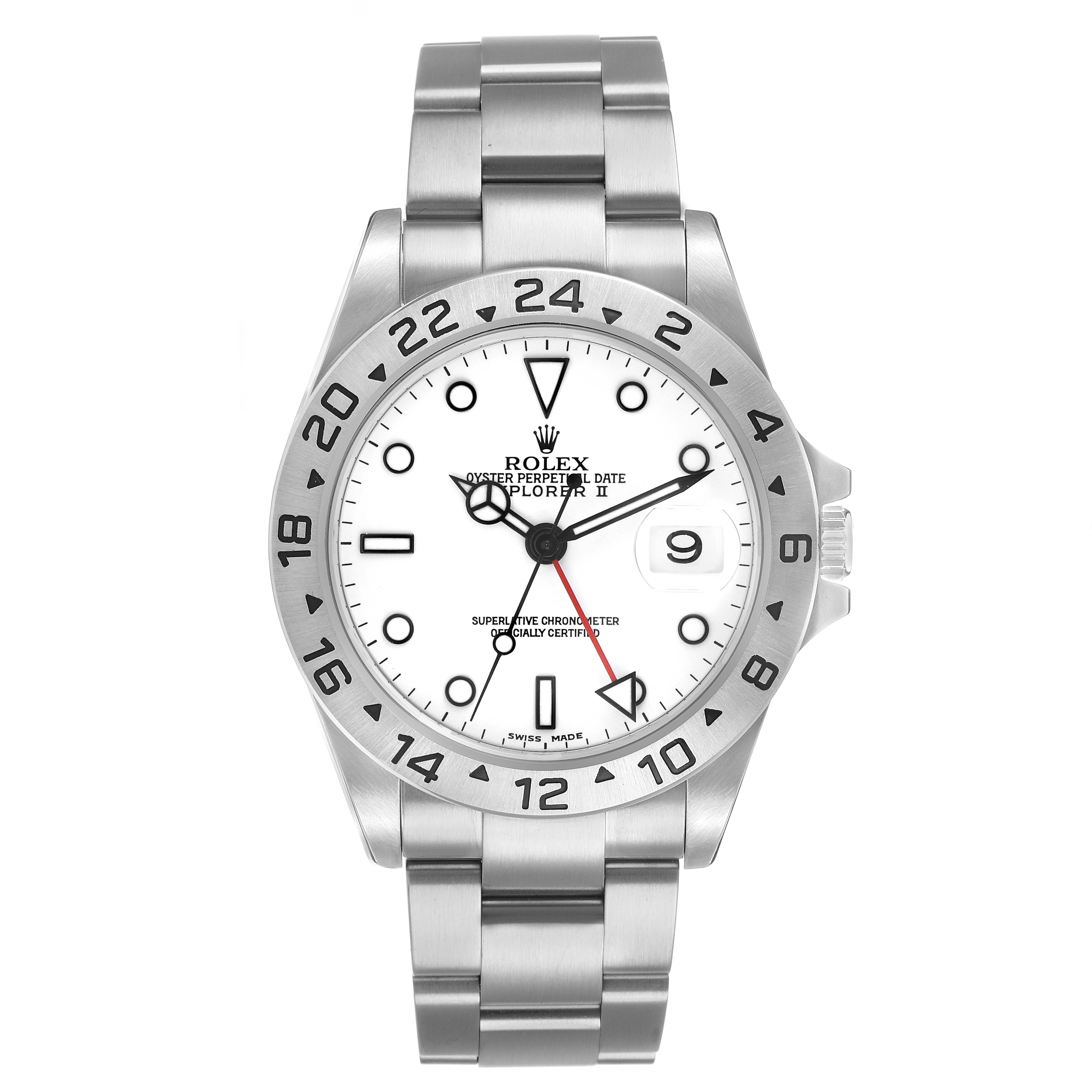 The Rolex Explorer 16570 Men's Stainless Steel White Dial model is shown from the front, displaying its bezel, dial, hands, and bracelet clearly.
