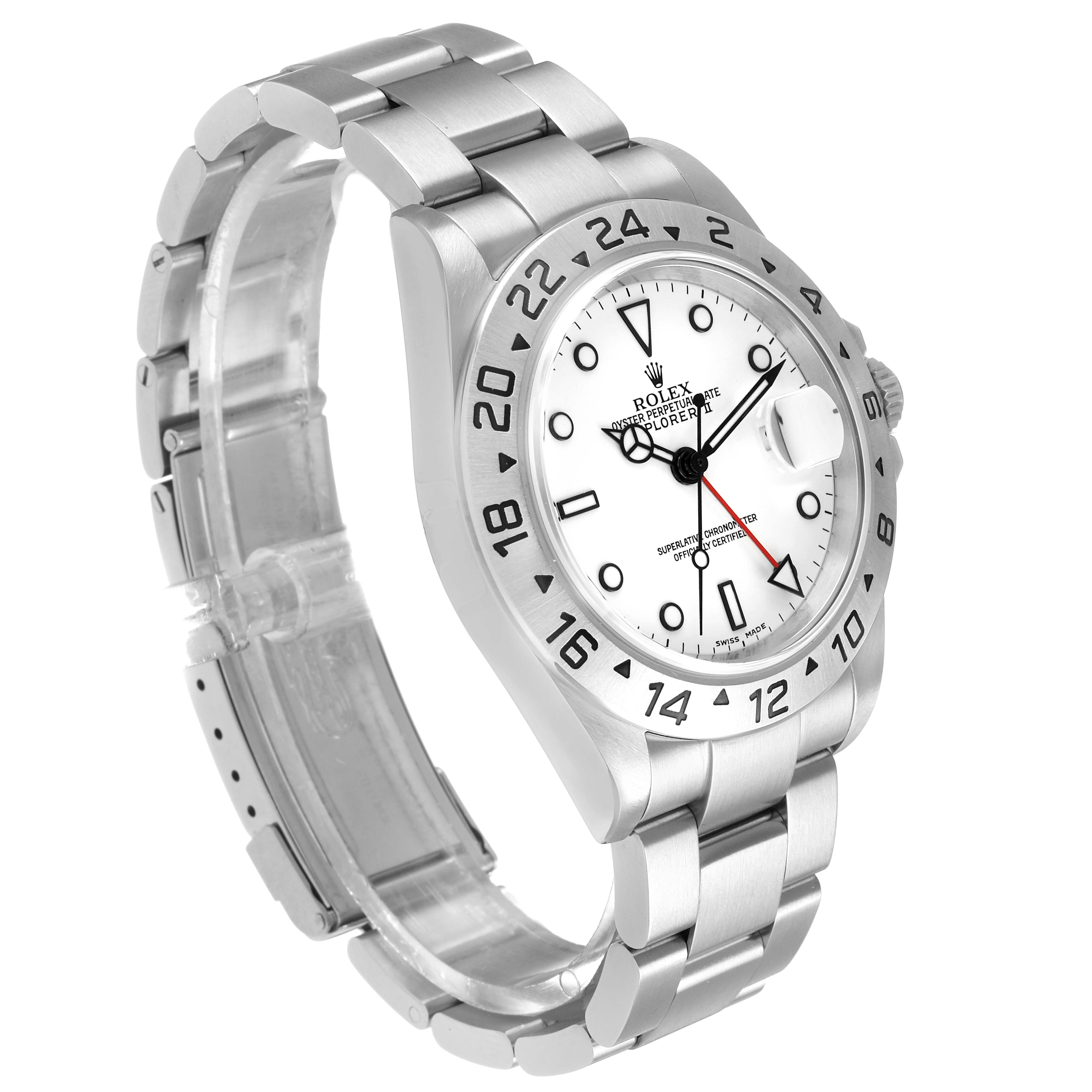 The Rolex Explorer 16570 Men's Stainless Steel White Dial watch is shown at a three-quarter angle, highlighting the bezel, dial, and bracelet.