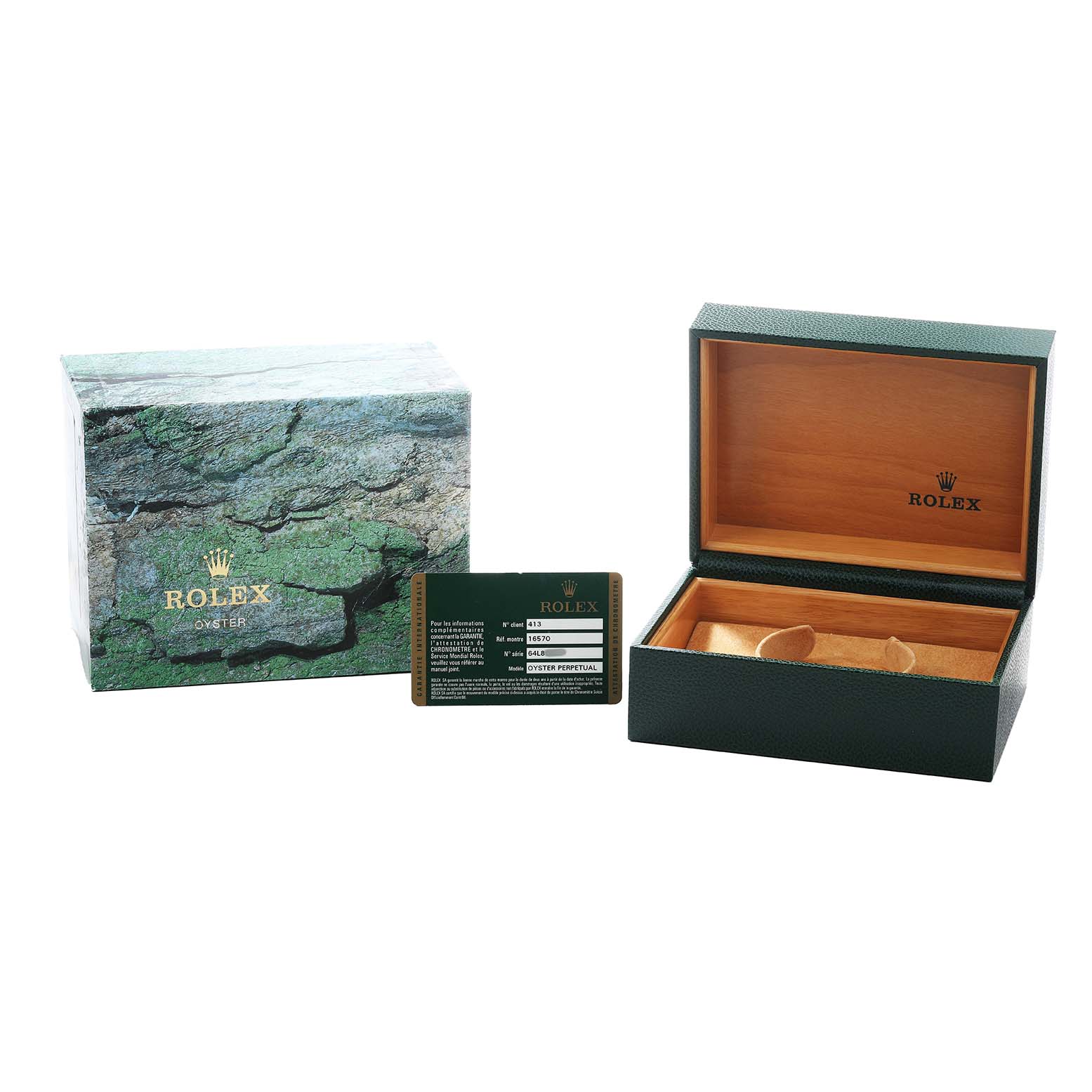 The image shows the packaging for a Rolex Explorer 16570 Men's Stainless Steel White Dial, including a green textured box, an open wooden interior box, and a warranty card.