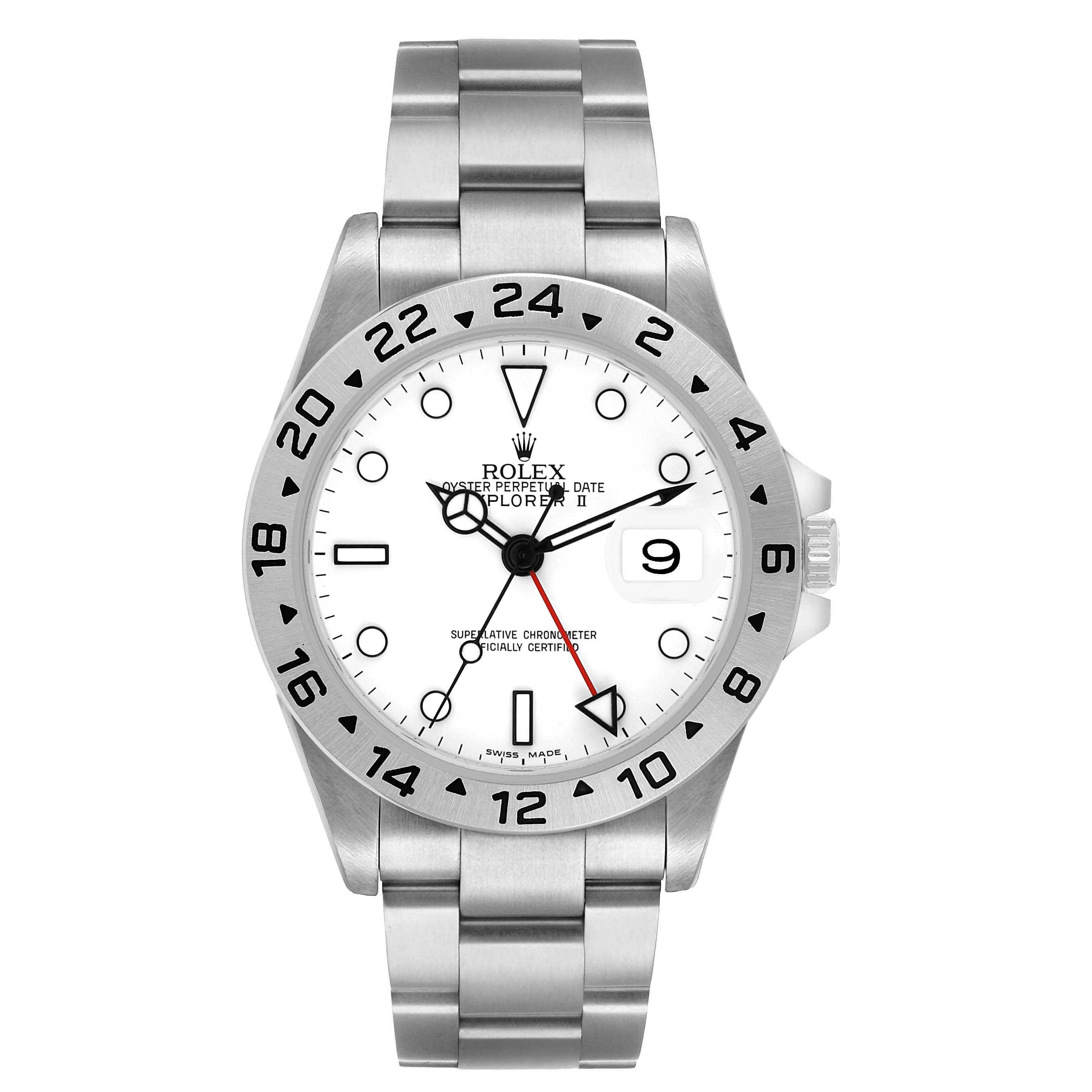 The Rolex Explorer 16570 Men's Stainless Steel White Dial model is shown from a front angle, displaying its face, bezel with numbers, hands, and bracelet.