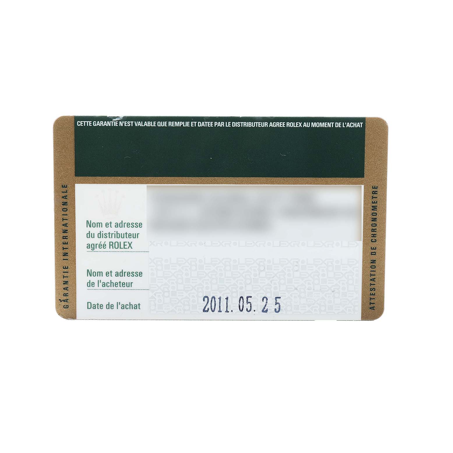 The image shows the warranty card for a Rolex Explorer 16570 Men's Stainless Steel White Dial, viewed from the front.