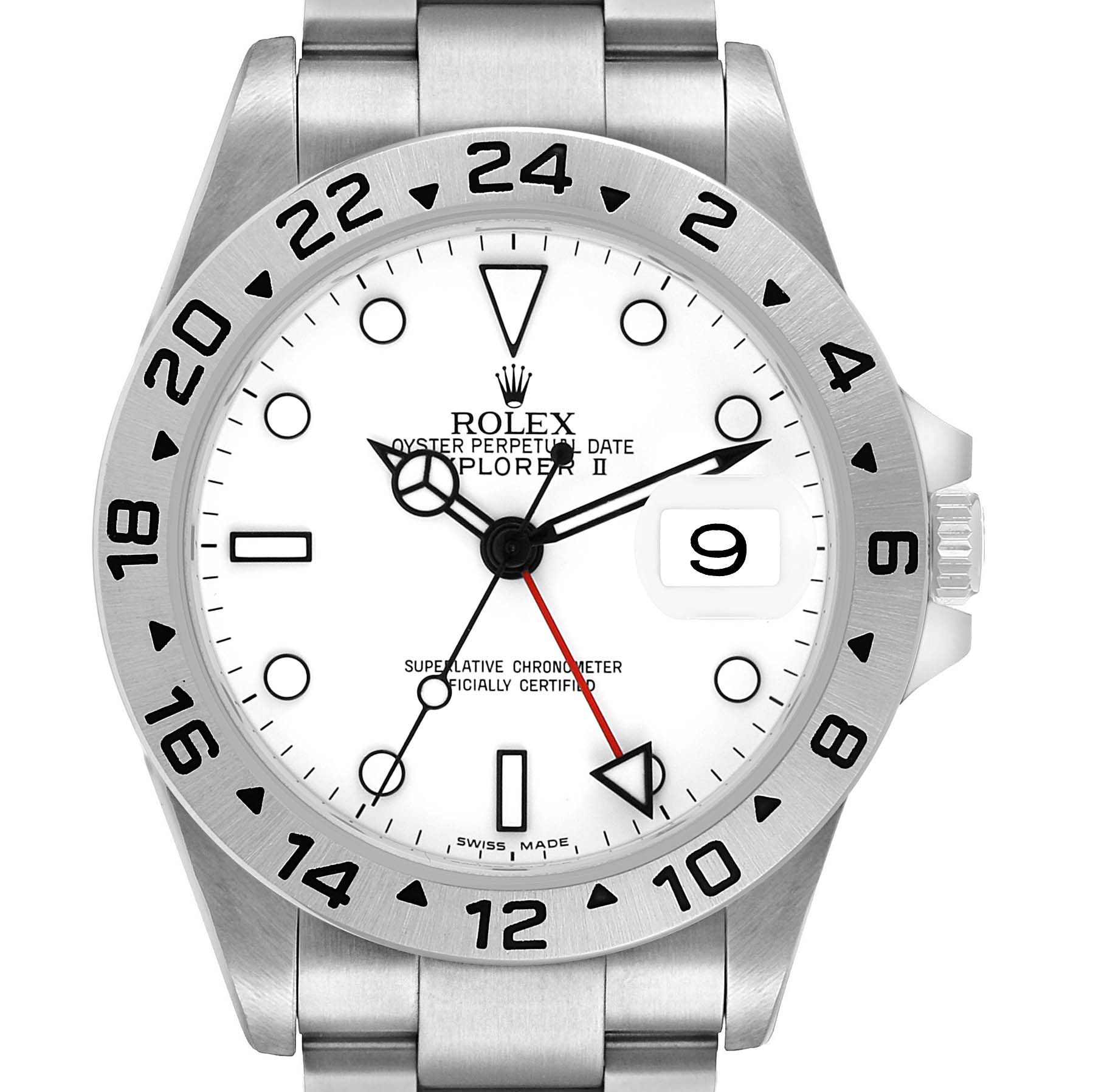 The Rolex Explorer 16570 Men's Stainless Steel White Dial II watch is shown from a front angle, displaying the dial, bezel, and part of the bracelet.