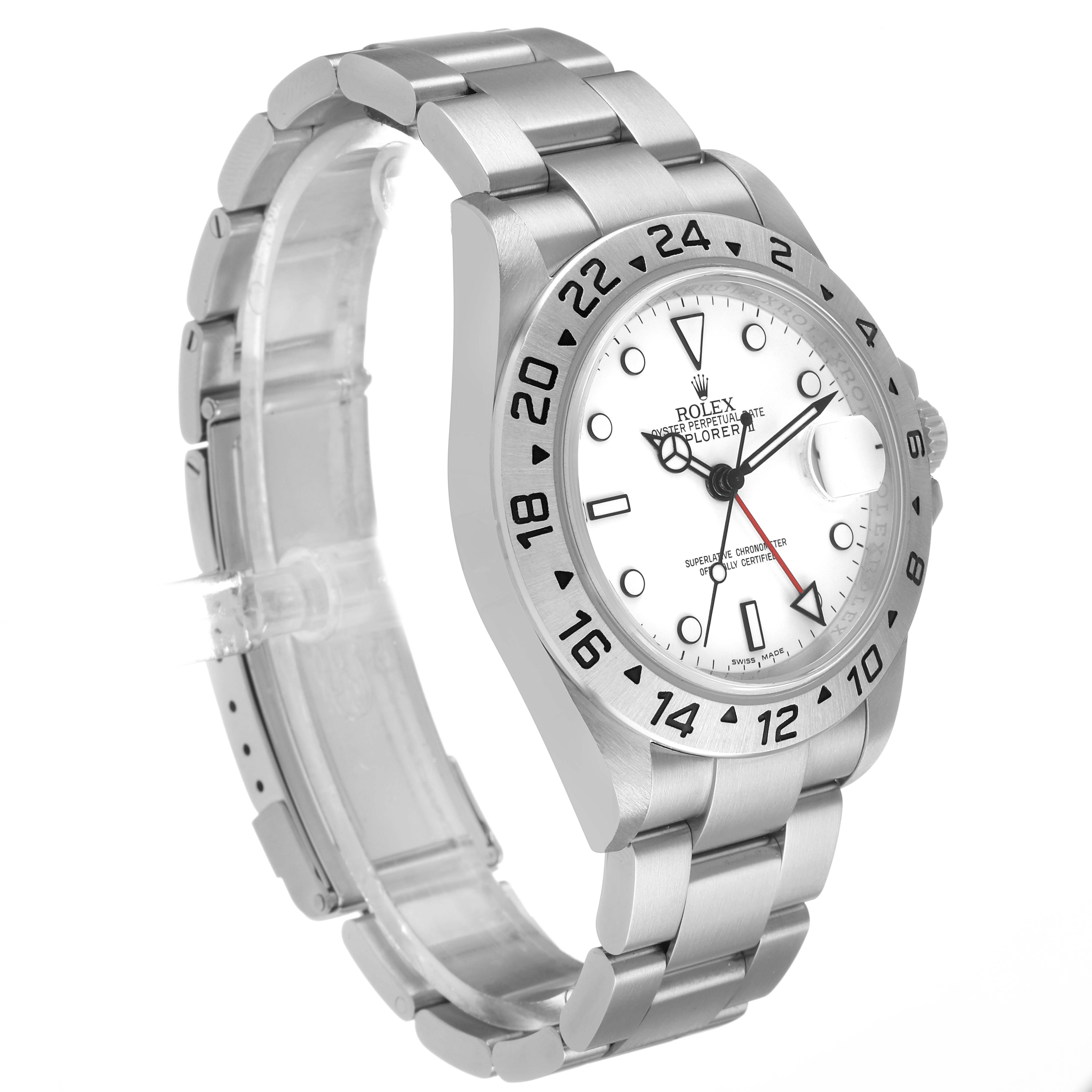 The Rolex Explorer 16570 Men's Stainless Steel White Dial watch is shown at a three-quarter angle, displaying its bezel, face, bracelet, and crown.