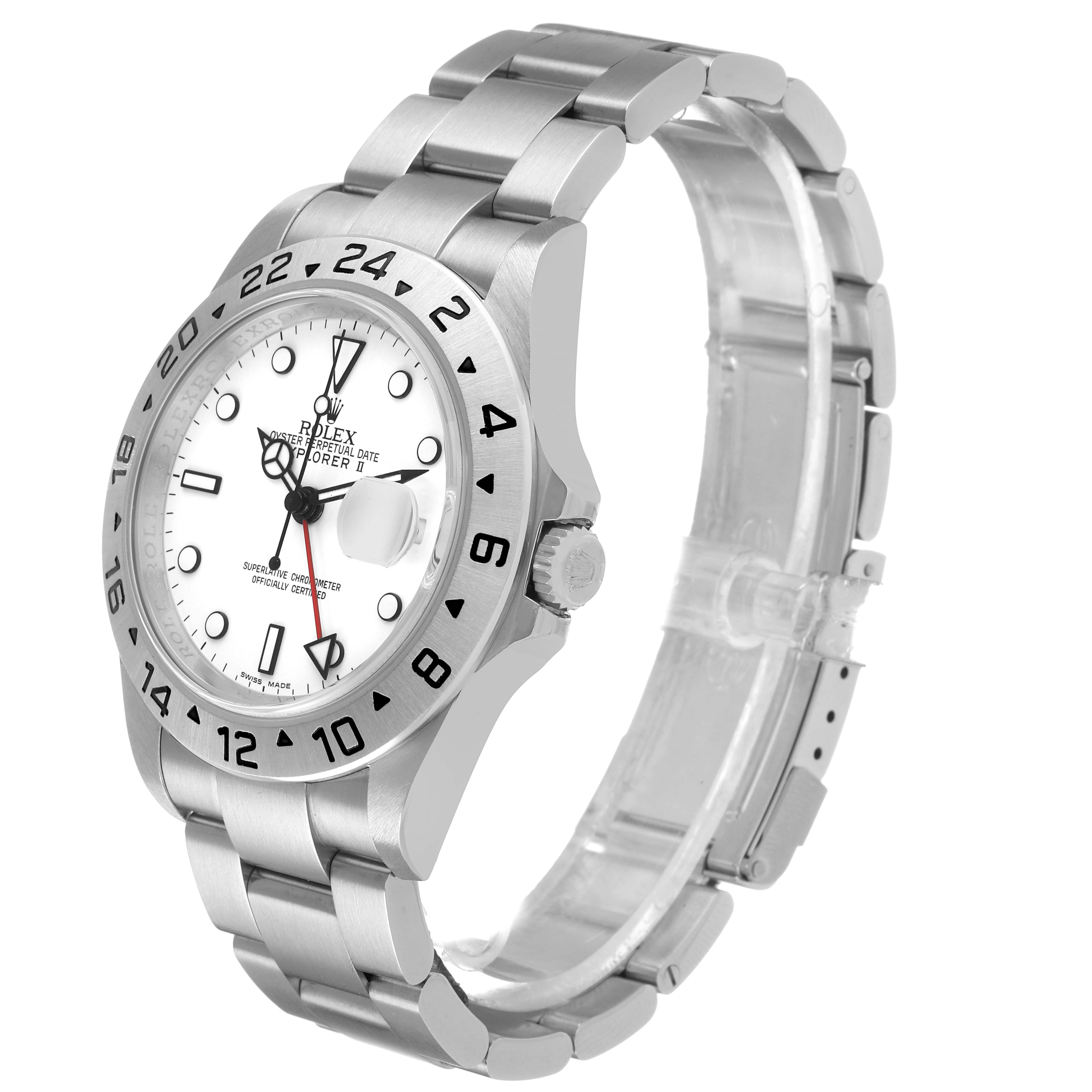 The Rolex Explorer 16570 Men's Stainless Steel White Dial watch is shown at an oblique angle, highlighting the face, bezel, crown, and bracelet.