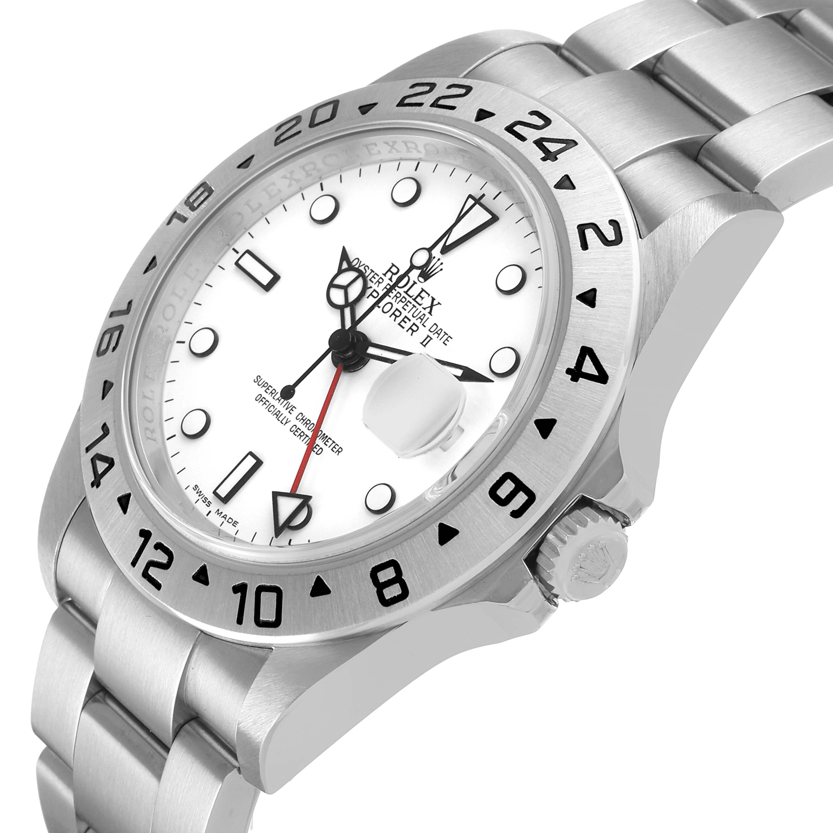 The Rolex Explorer 16570 Men's Stainless Steel White Dial model is shown at a slight angle highlighting the bezel, crown, and bracelet.