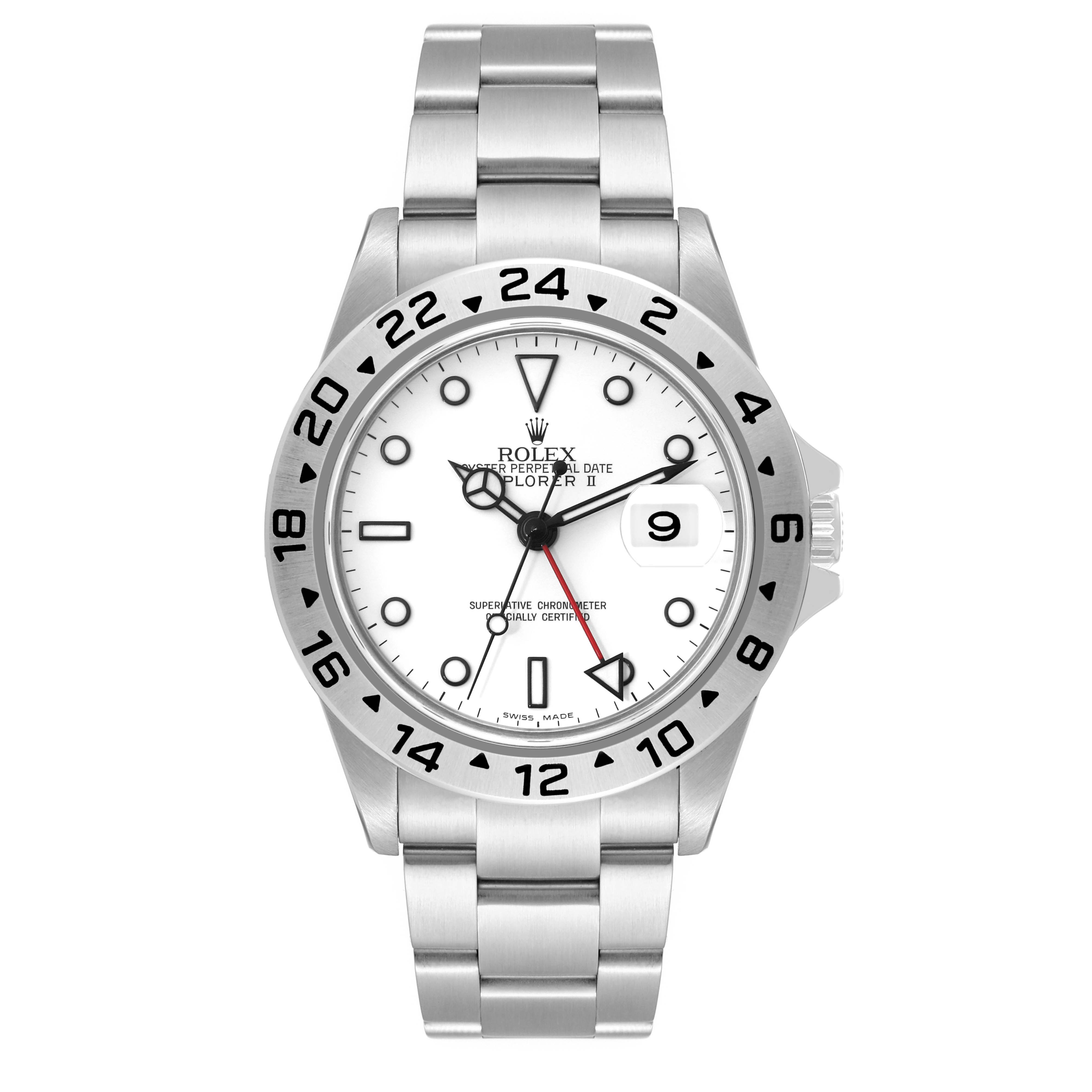 The image shows a front view of a Rolex Explorer 16570 Men
s Stainless Steel White Dial 16570 Men
s Stainless Steel White Dial watch, showcasing its white dial, bezel, hands, date, and bracelet.