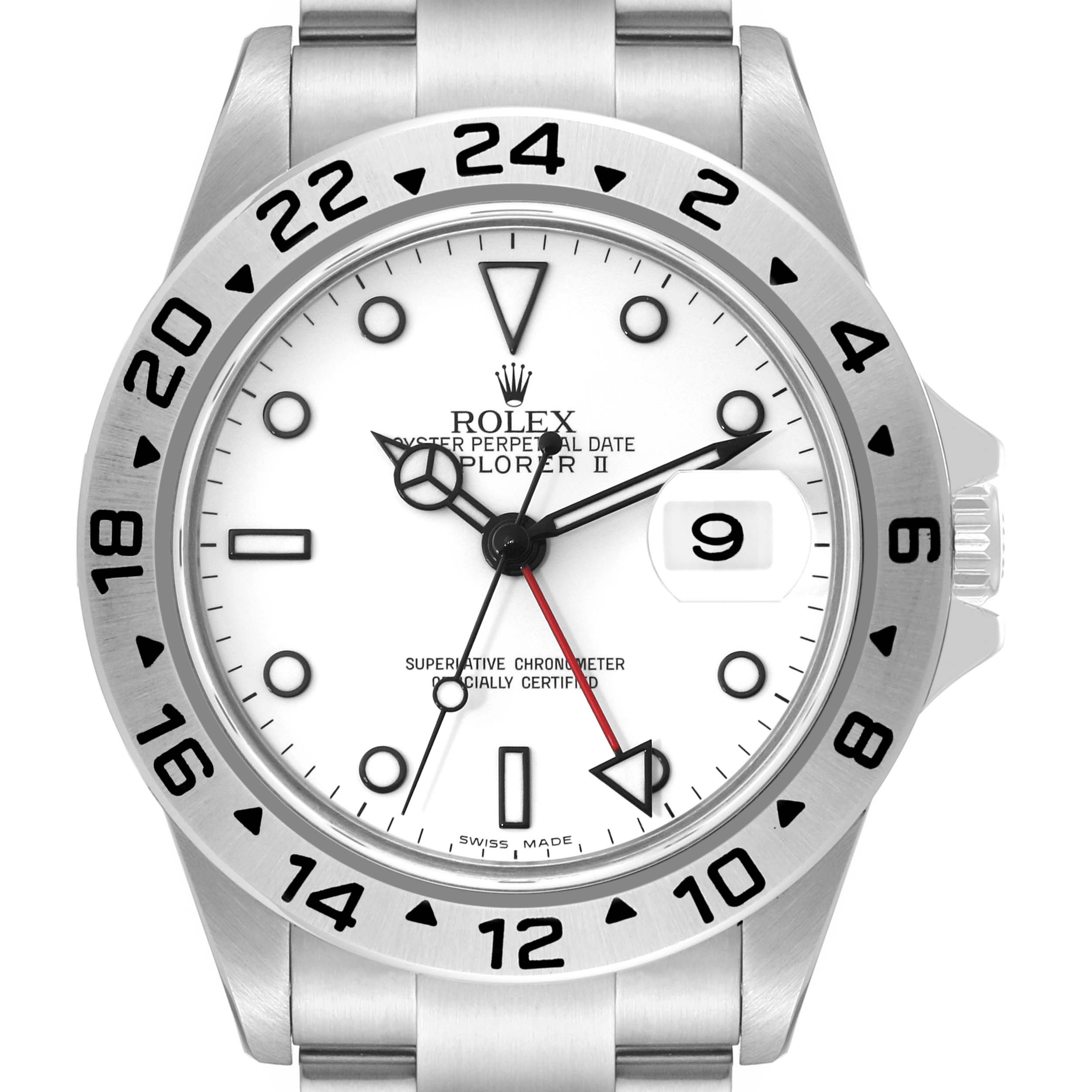 The image shows a front view of a Rolex Explorer 16570 Men
s Stainless Steel White Dial 16570 Men
s Stainless Steel White Dial watch, highlighting the dial, bezel, and part of the bracelet.