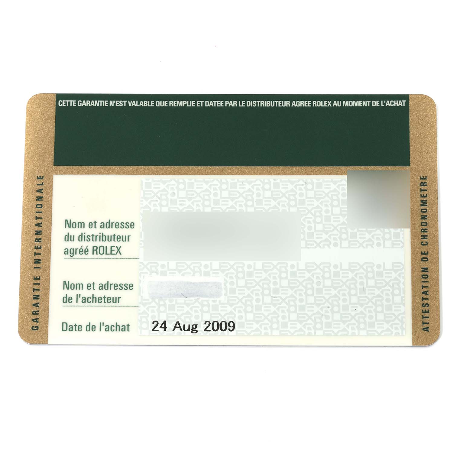 The image shows the warranty card for a Rolex Explorer 16570 Men
s Stainless Steel White Dial 16570 Men
s Stainless Steel White Dial, including purchase date and dealer information.