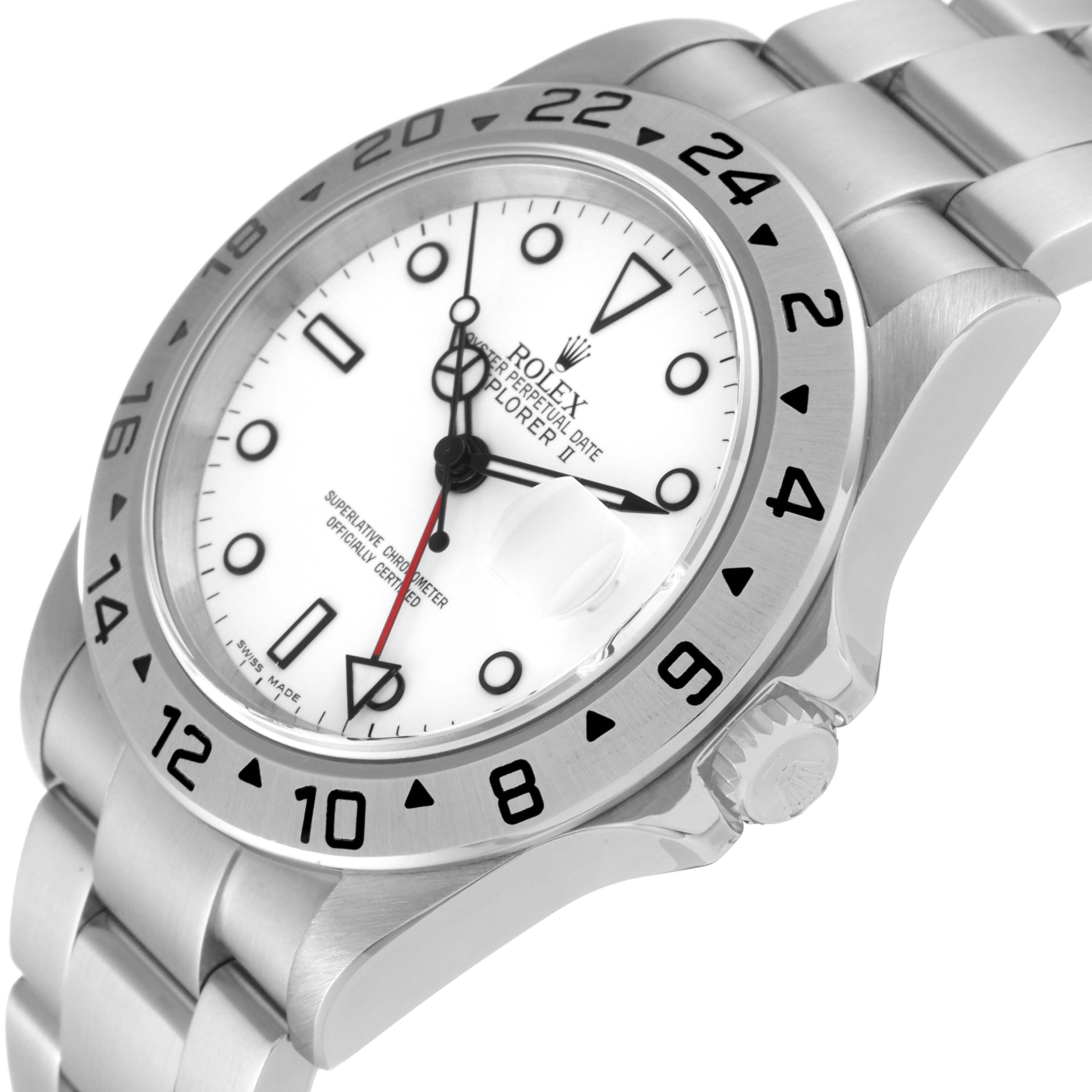 The image shows a side angle view of a Rolex Explorer 16570 Men
s Stainless Steel White Dial 16570 Men
s Stainless Steel White Dial watch, highlighting the dial, bezel, and part of the bracelet.