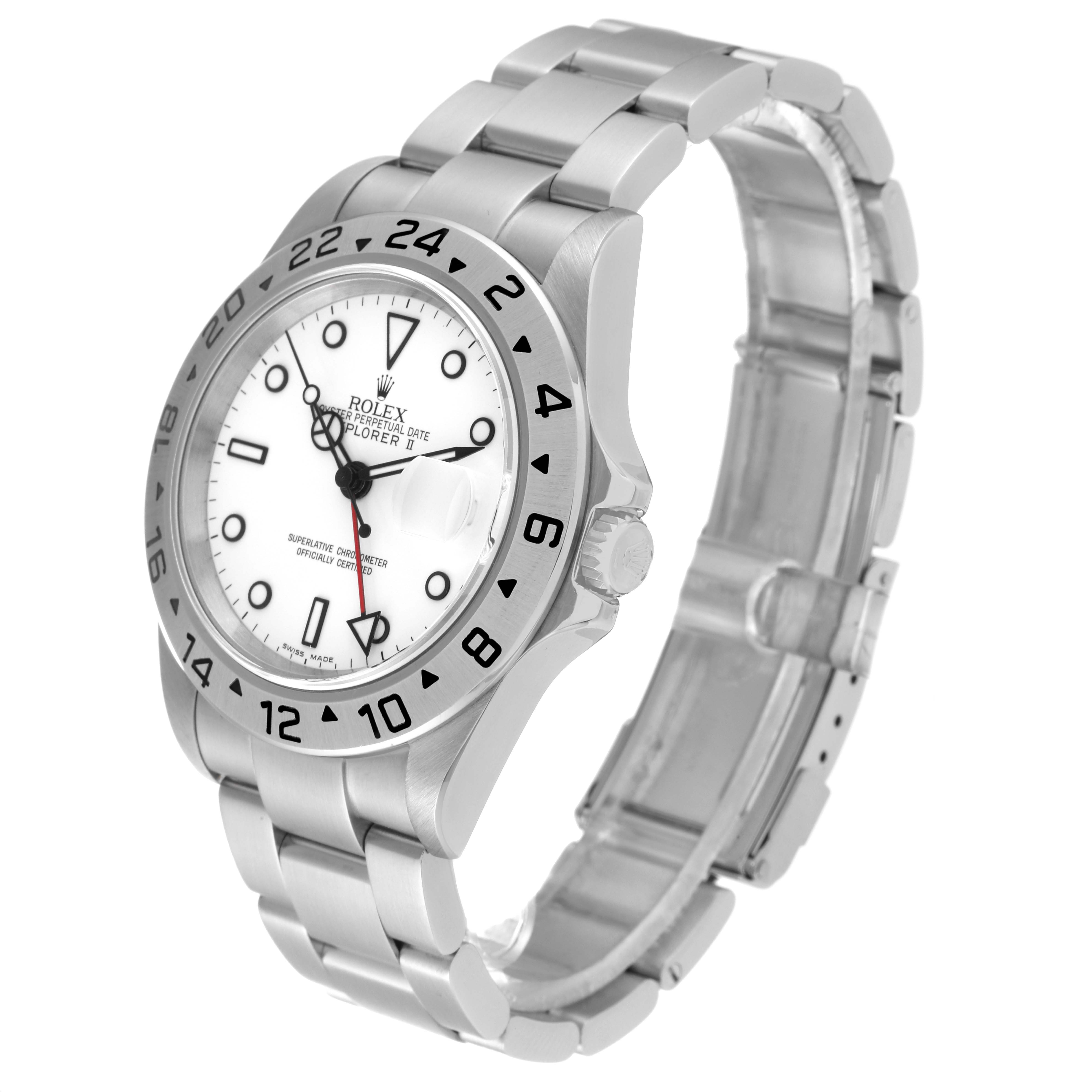 The Rolex Explorer 16570 Men
s Stainless Steel White Dial 16570 Men
s Stainless Steel White Dial watch is shown at a 3/4 angle highlighting its case, bezel, dial, crown, and part of the bracelet.