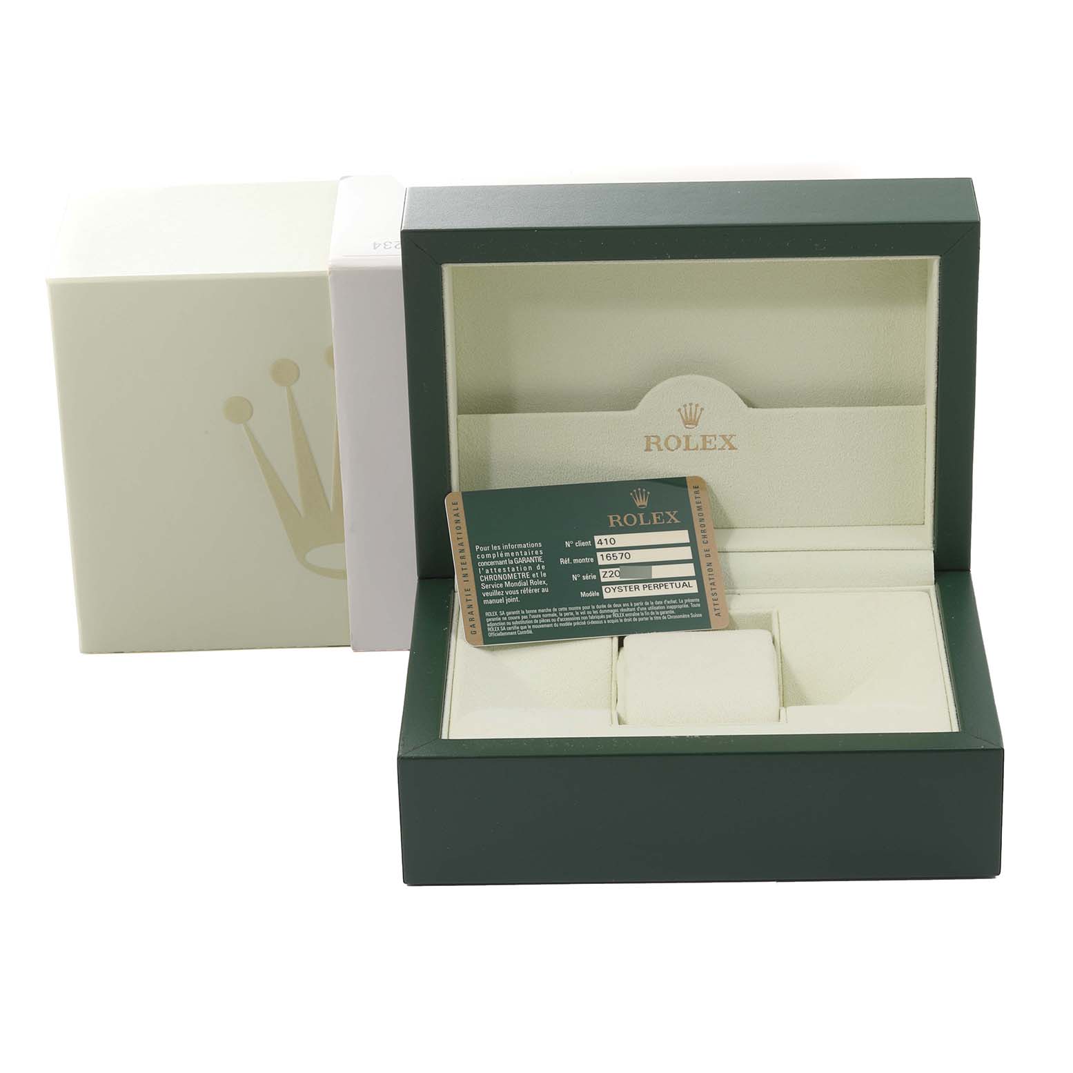 The image shows a Rolex Explorer 16570 Men
s Stainless Steel White Dial 16570 Men
s Stainless Steel White Dial watch box along with the warranty card and packaging from a front angle.
