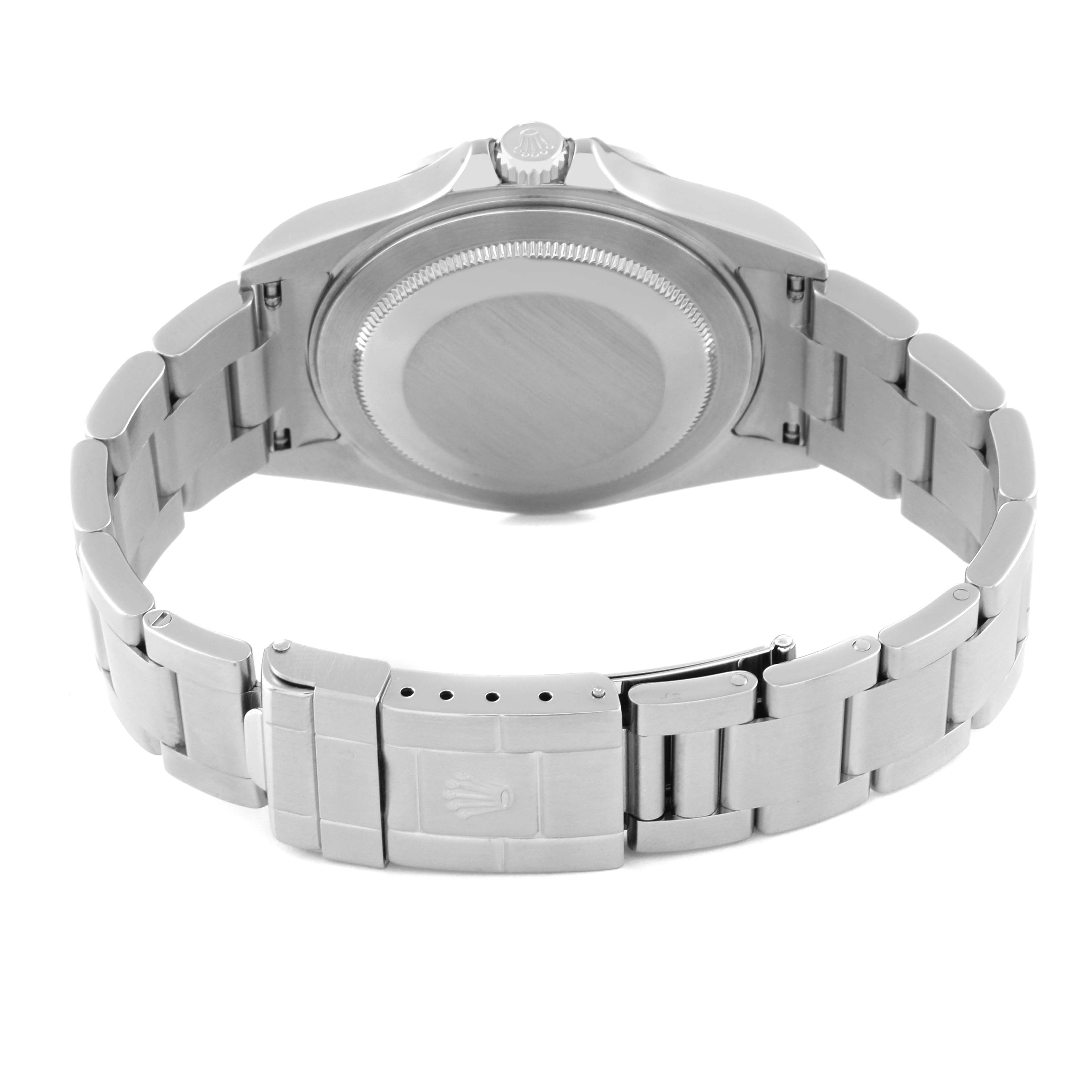 This image shows the back view of a Rolex Explorer 16570 Men
s Stainless Steel White Dial 16570 Men
s Stainless Steel White Dial watch, highlighting its case back and metal bracelet.