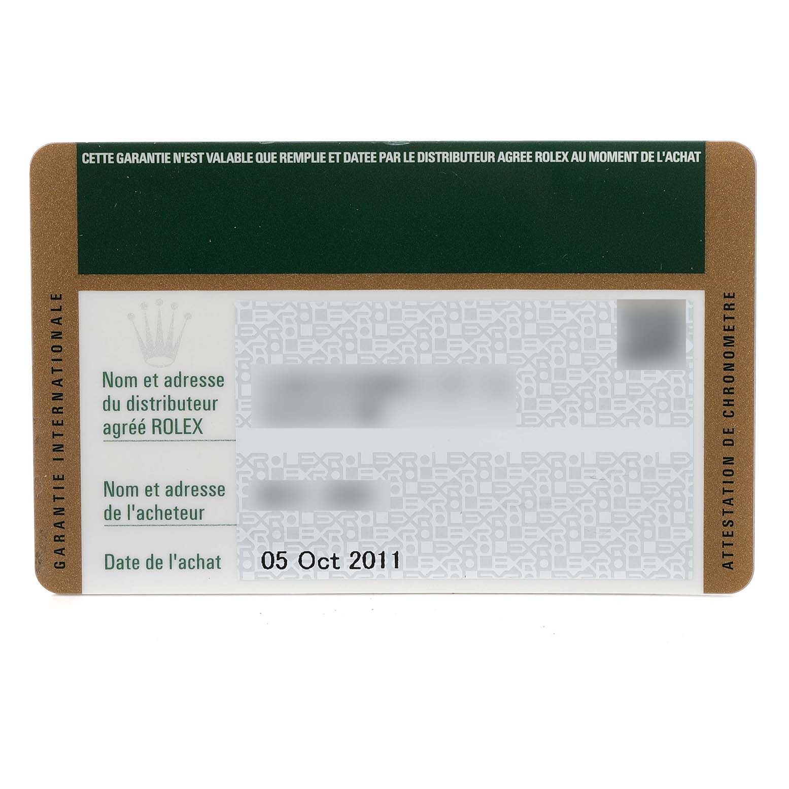 This is a guarantee card for the Rolex Explorer 216570 Men's Stainless Steel White Dial 216570 Men's Stainless Steel White Dial model, showing purchase date and distributor details from a top-down angle.