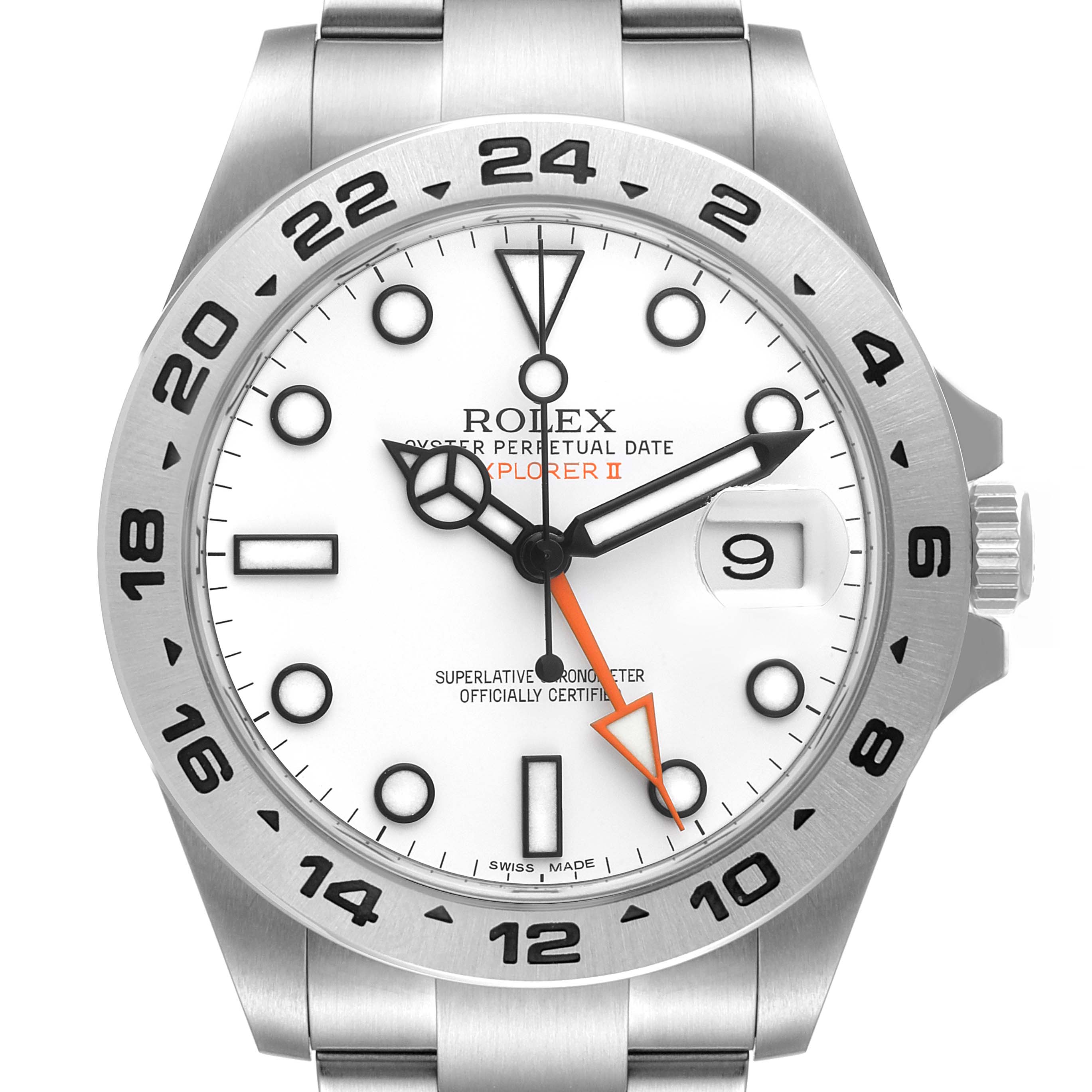 The image shows a front view of a Rolex Explorer 216570 Men's Stainless Steel White Dial 216570 Men's Stainless Steel White Dial watch, highlighting its white dial, bezel with 24-hour markings, and stainless steel bracelet.