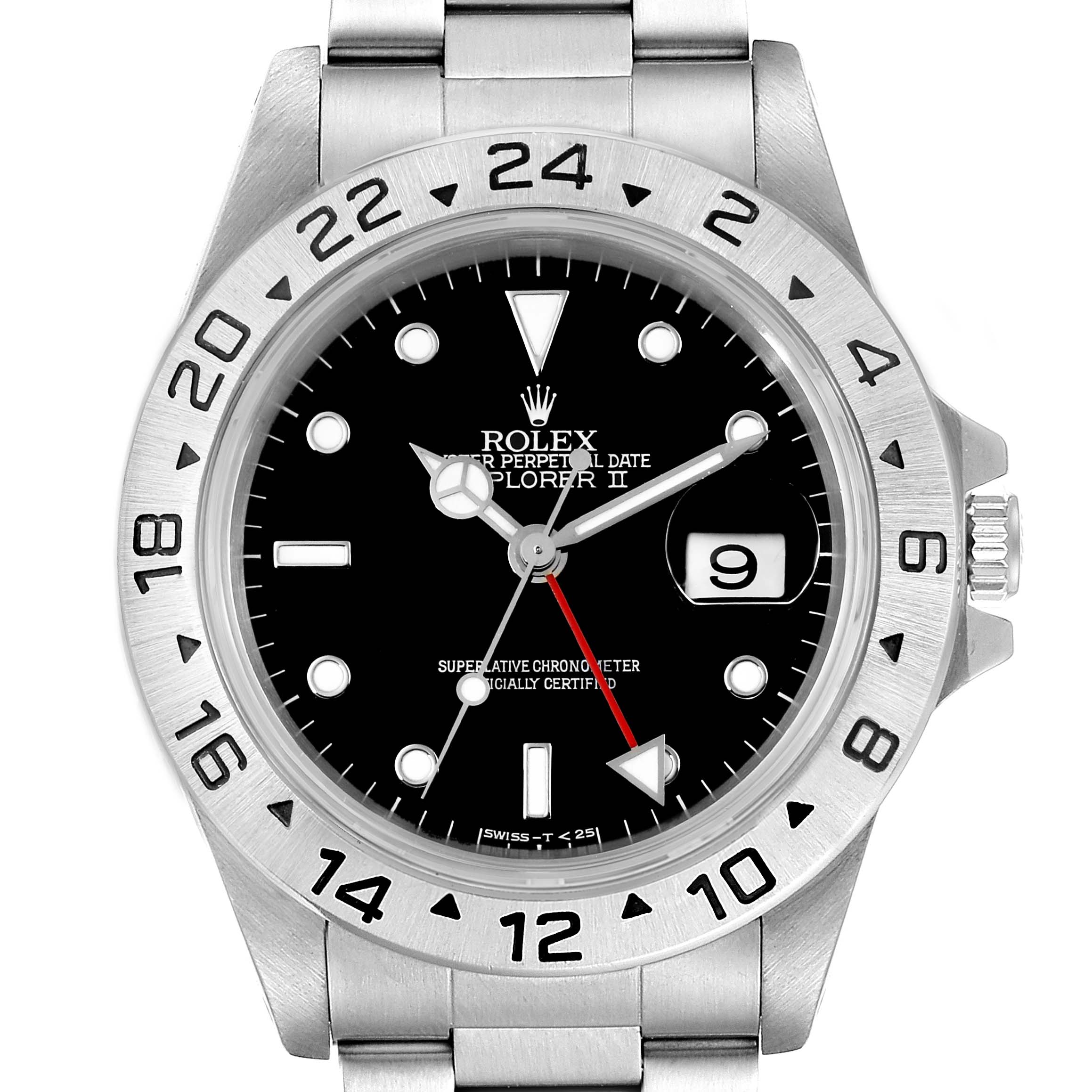 The image shows a front view of the Rolex Explorer 16570 Men
s Stainless Steel Black Dial 16570 Men
s Stainless Steel Black Dial watch, highlighting its bezel, dial, hands, hour markers, and bracelet.