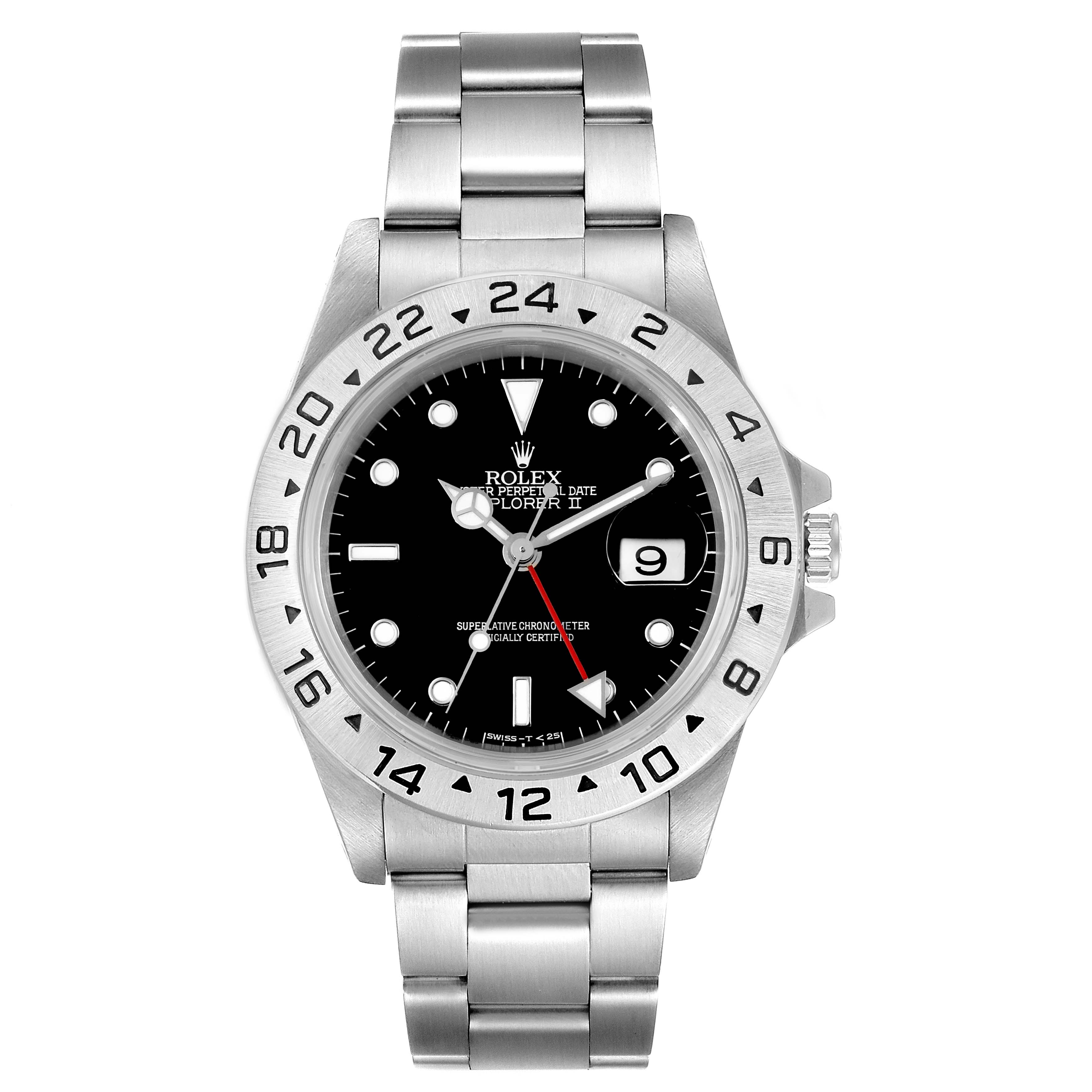The image shows a front view of a Rolex Explorer 16570 Men
s Stainless Steel Black Dial 16570 Men
s Stainless Steel Black Dial watch, displaying its bezel, face, dial, and bracelet.
