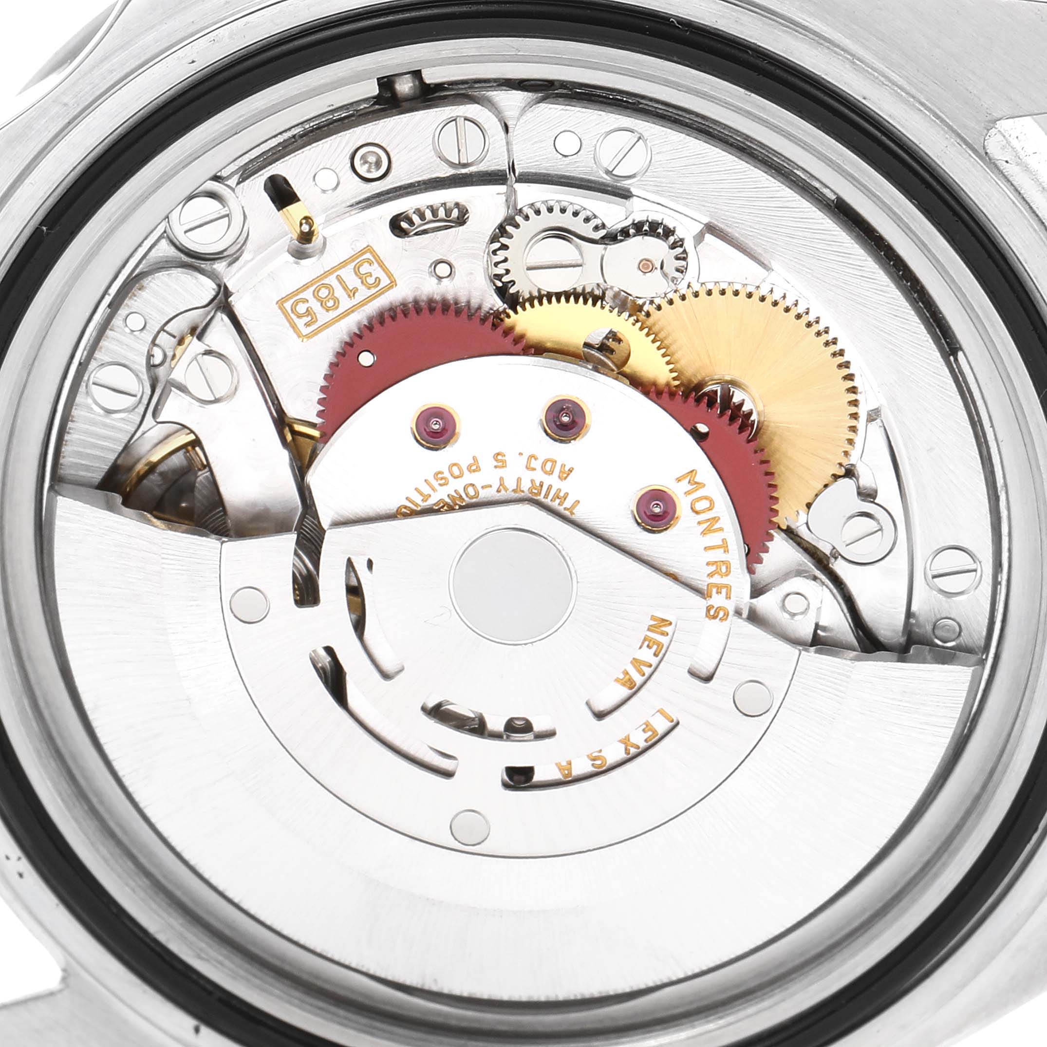 This image shows a close-up view of the movement mechanism inside a Rolex Explorer 16570 Men
s Stainless Steel Black Dial 16570 Men
s Stainless Steel Black Dial watch.