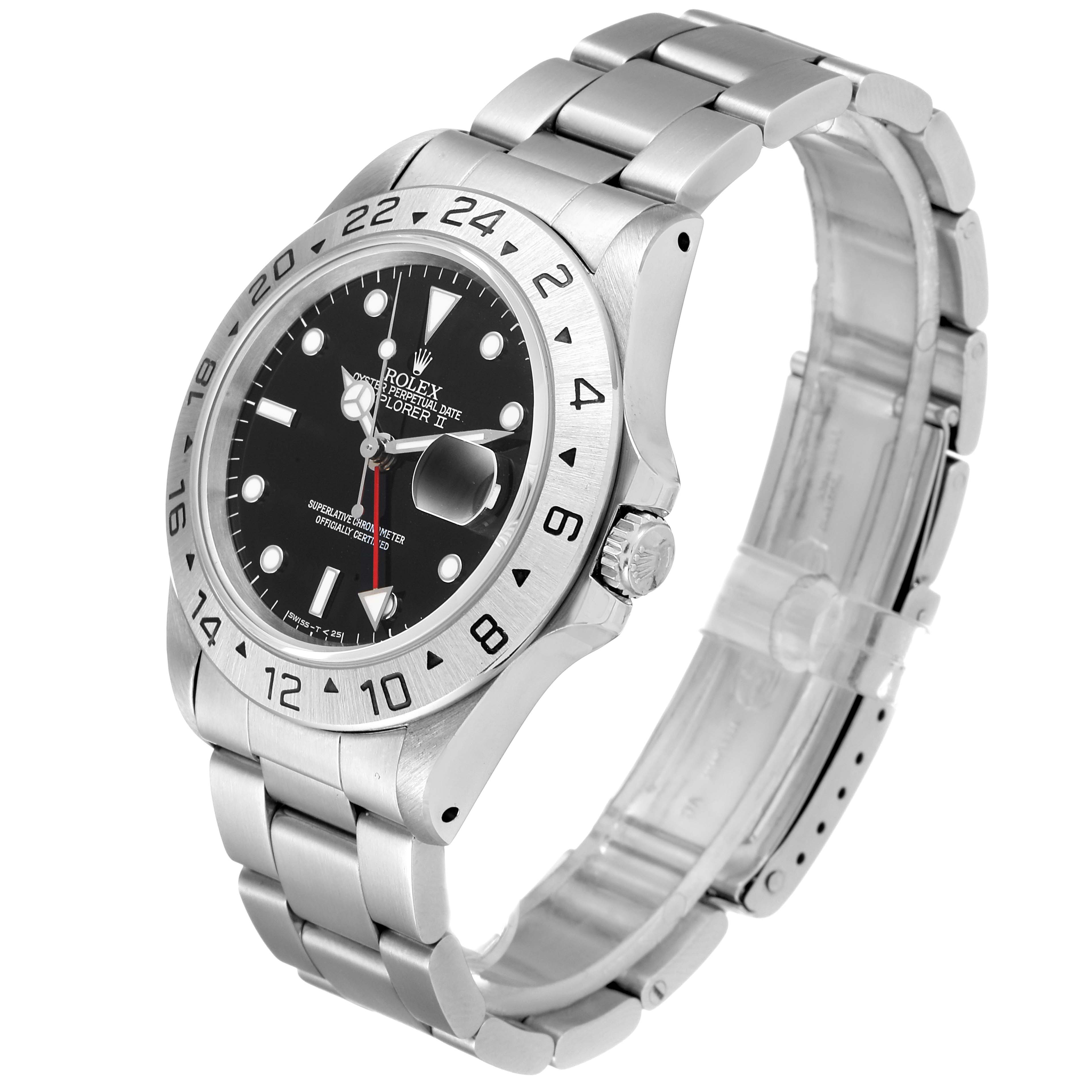 This image shows a Rolex Explorer 16570 Men
s Stainless Steel Black Dial 16570 Men
s Stainless Steel Black Dial watch at an angle, highlighting its dial, bezel, bracelet, and crown.