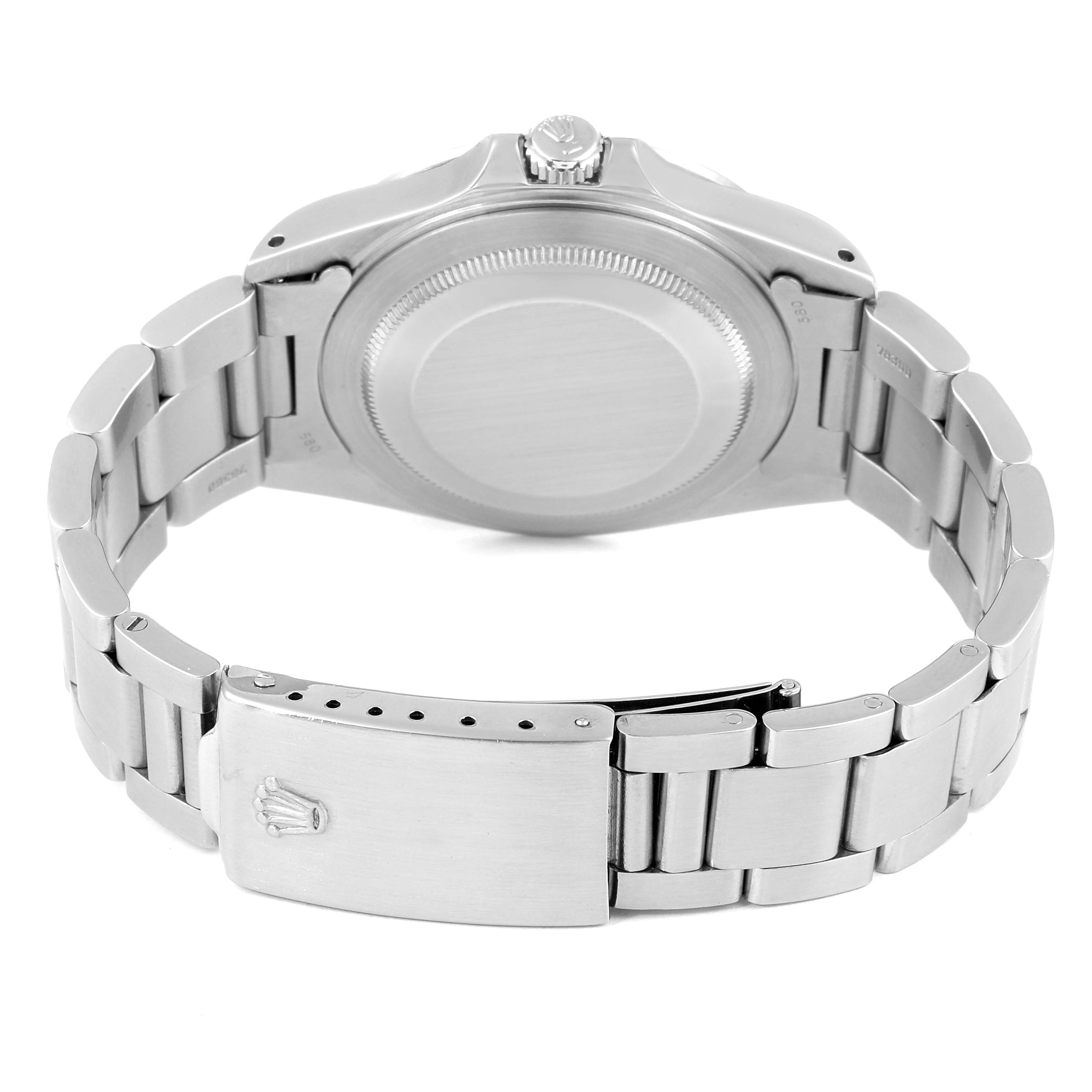 The image shows the back case and bracelet clasp of a Rolex Explorer 16570 Men
s Stainless Steel Black Dial 16570 Men
s Stainless Steel Black Dial watch from a rear angle.