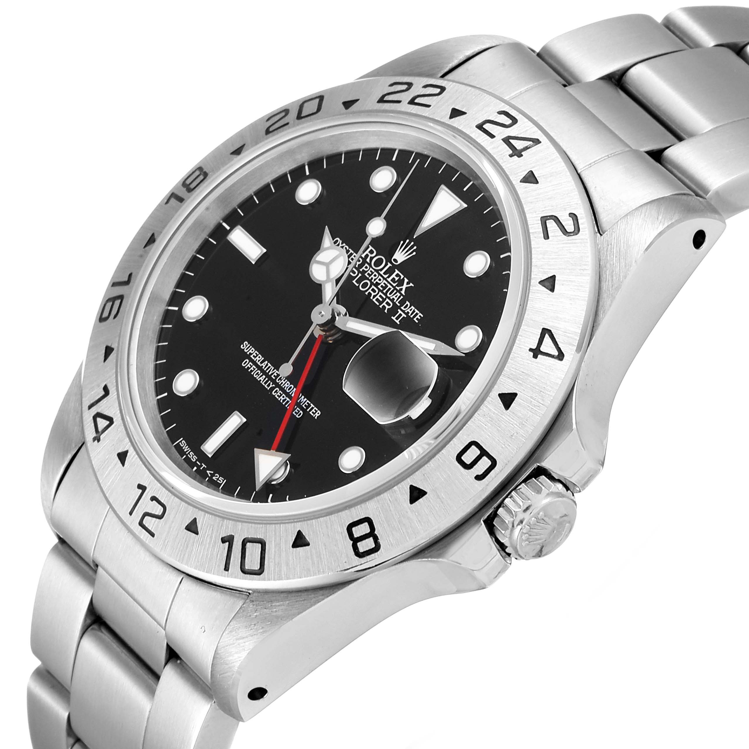 The image shows the face and part of the strap of a Rolex Explorer 16570 Men
s Stainless Steel Black Dial 16570 Men
s Stainless Steel Black Dial watch at an angled, close-up view.