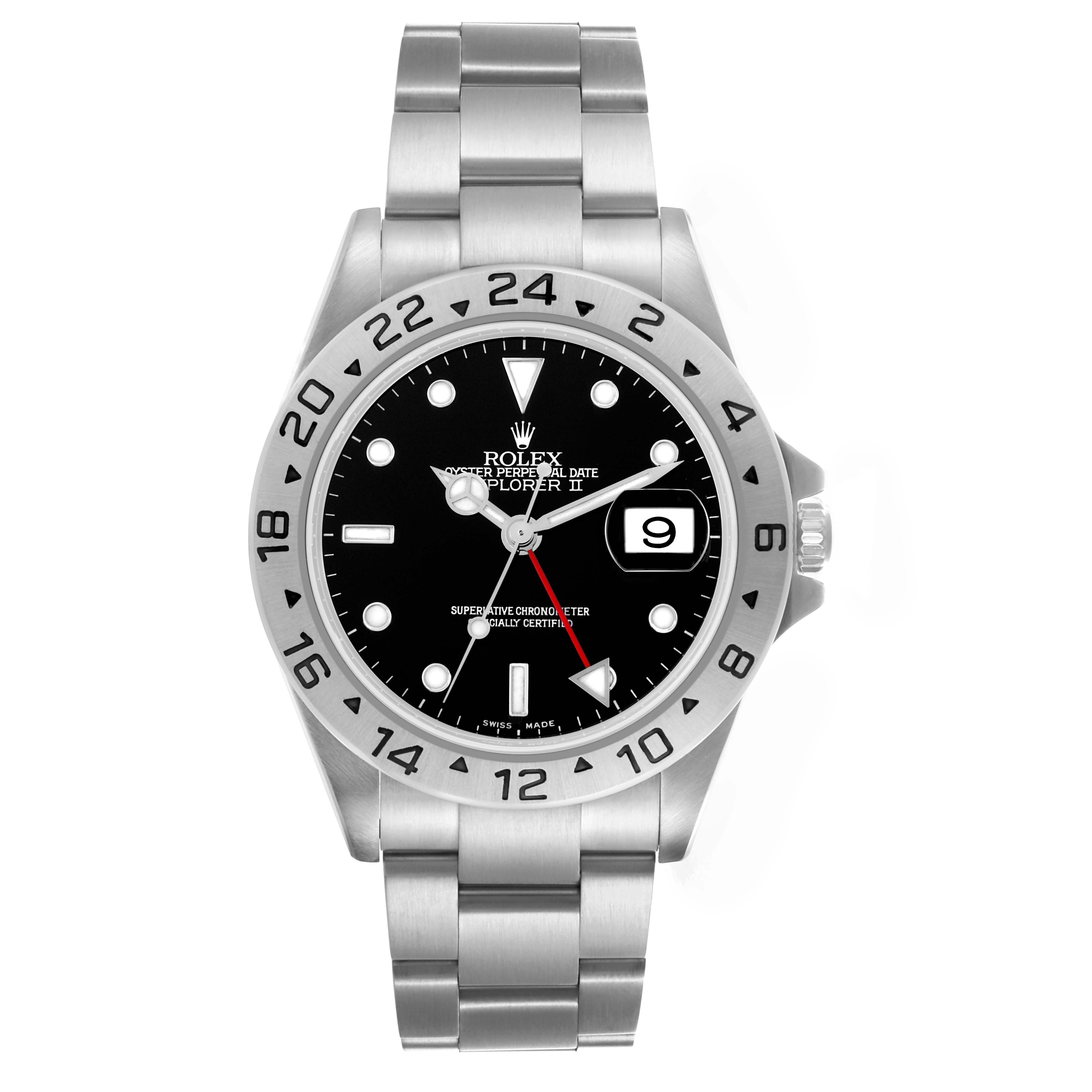 The Rolex Explorer 16570 Men's Stainless Steel Black Dial 16570 Men's Stainless Steel Black Dial watch is shown from a straight-on angle, displaying the dial, bezel, bracelet, and crown.