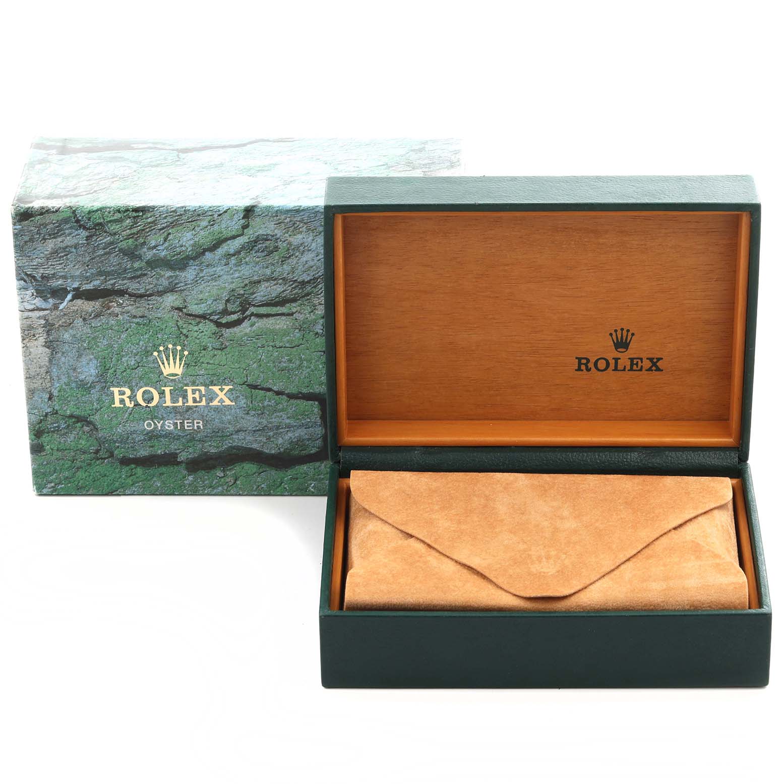 The image shows a Rolex Explorer 16570 Men's Stainless Steel Black Dial 16570 Men's Stainless Steel Black Dial box set with an open wooden interior and a green textured outer box.