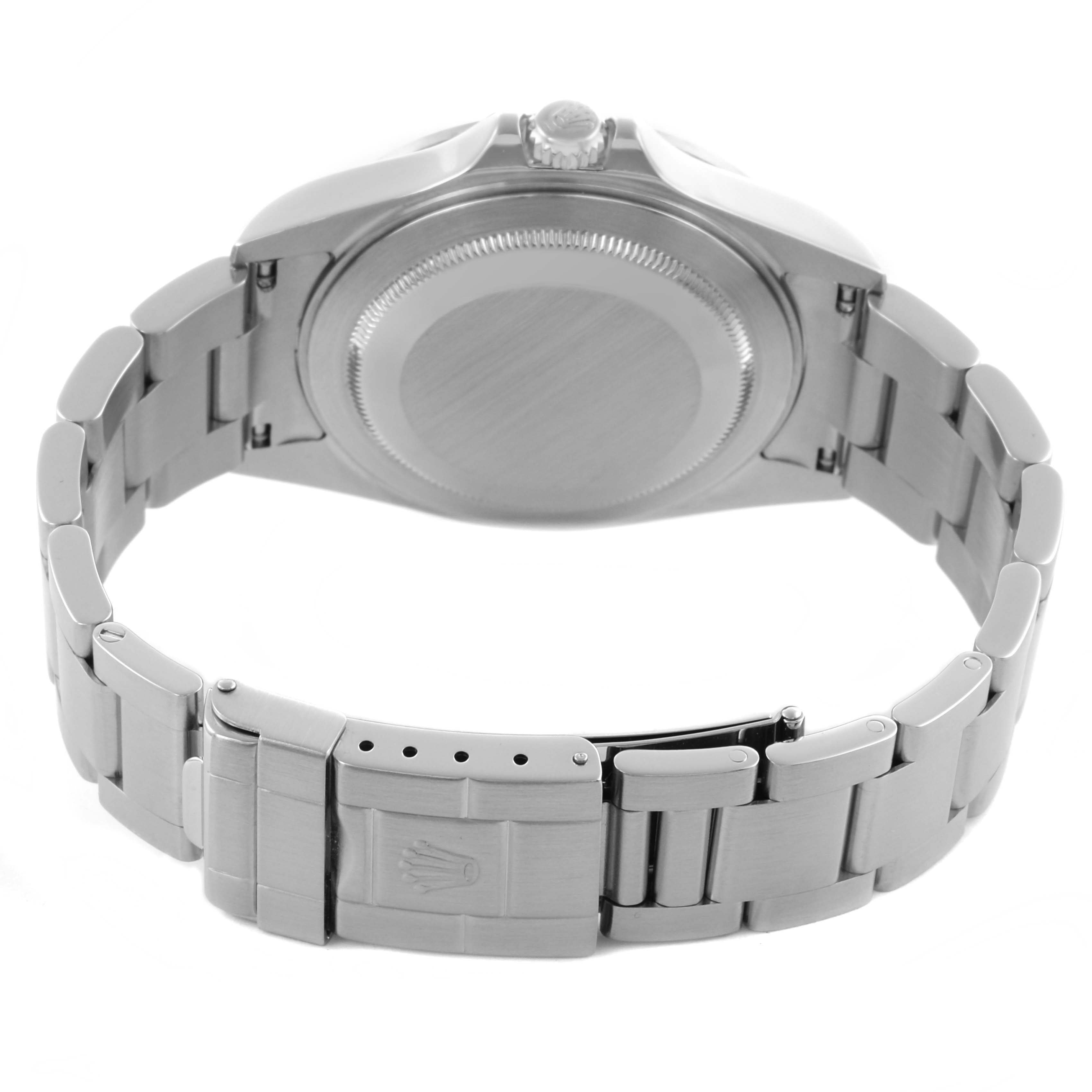 The image shows the back view of a Rolex Explorer 16570 Men's Stainless Steel Black Dial 16570 Men's Stainless Steel Black Dial watch, highlighting the case back and bracelet clasp.