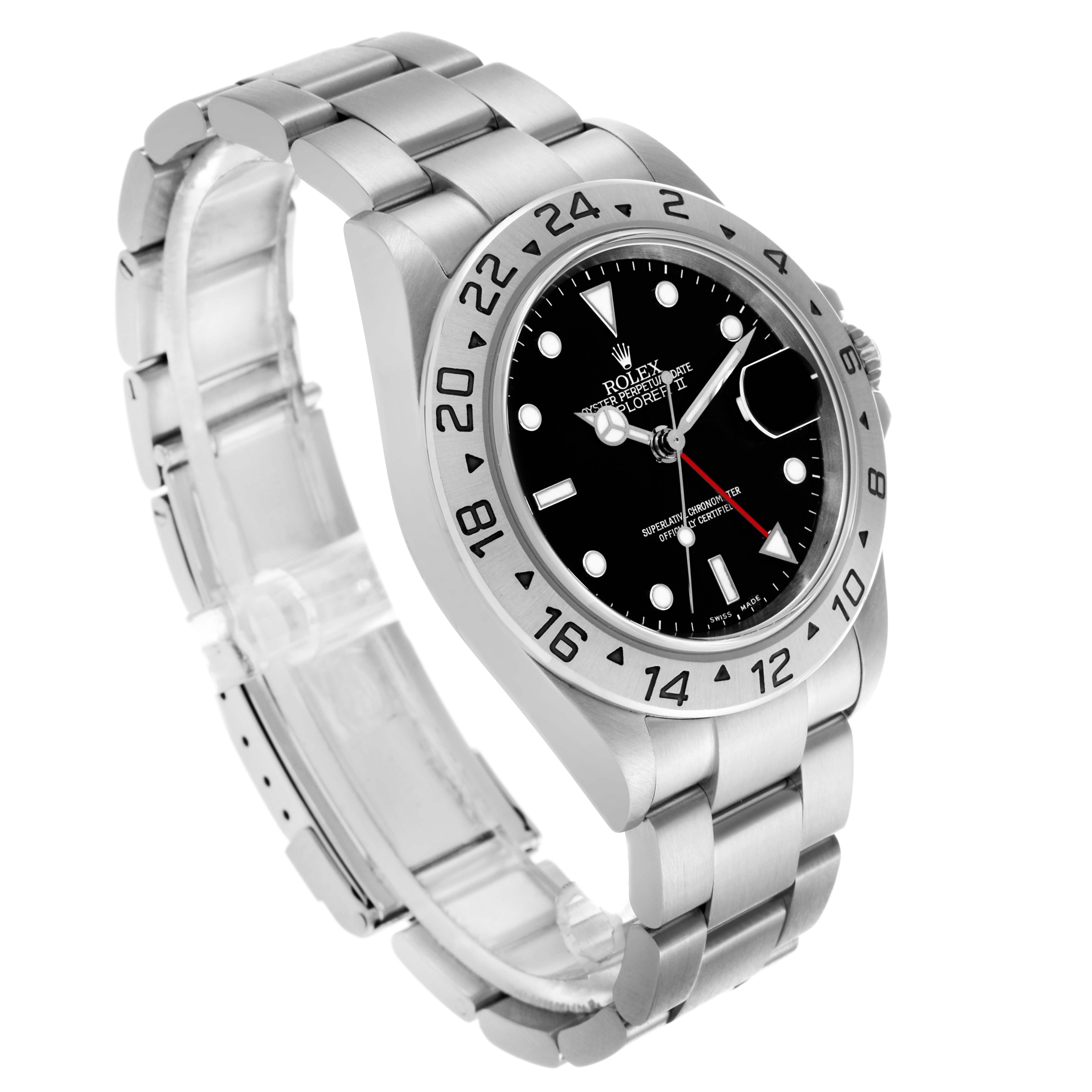 The Rolex Explorer 16570 Men's Stainless Steel Black Dial 16570 Men's Stainless Steel Black Dial model watch is shown at a three-quarter angle, displaying the bezel, dial, bracelet, and crown.