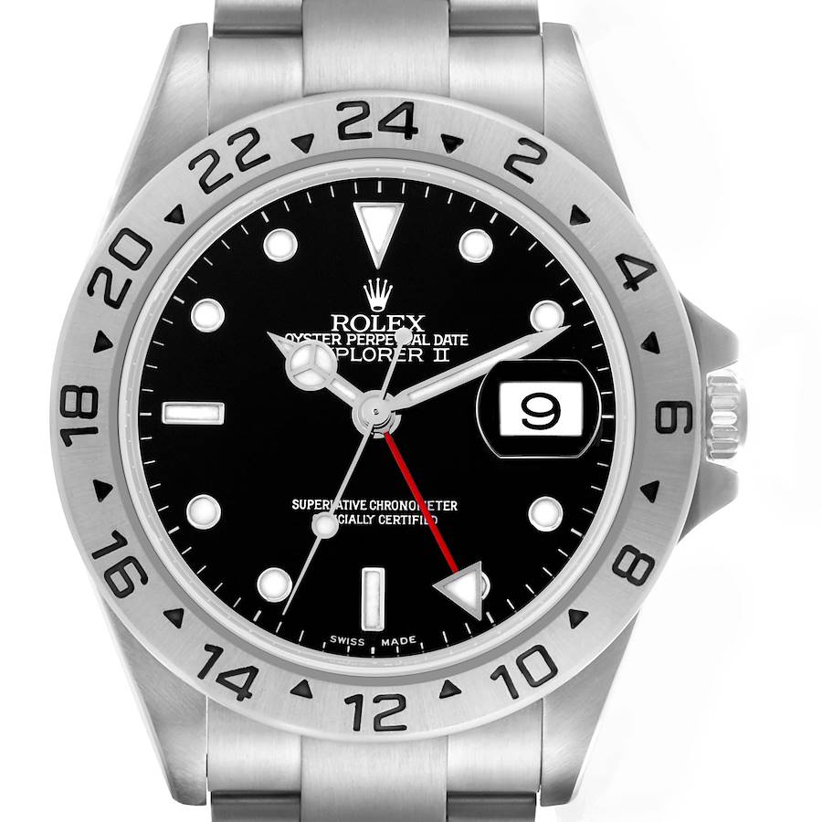 The Rolex Explorer watch is shown from the front, highlighting the dial, hands, bezel, and part of the bracelet.